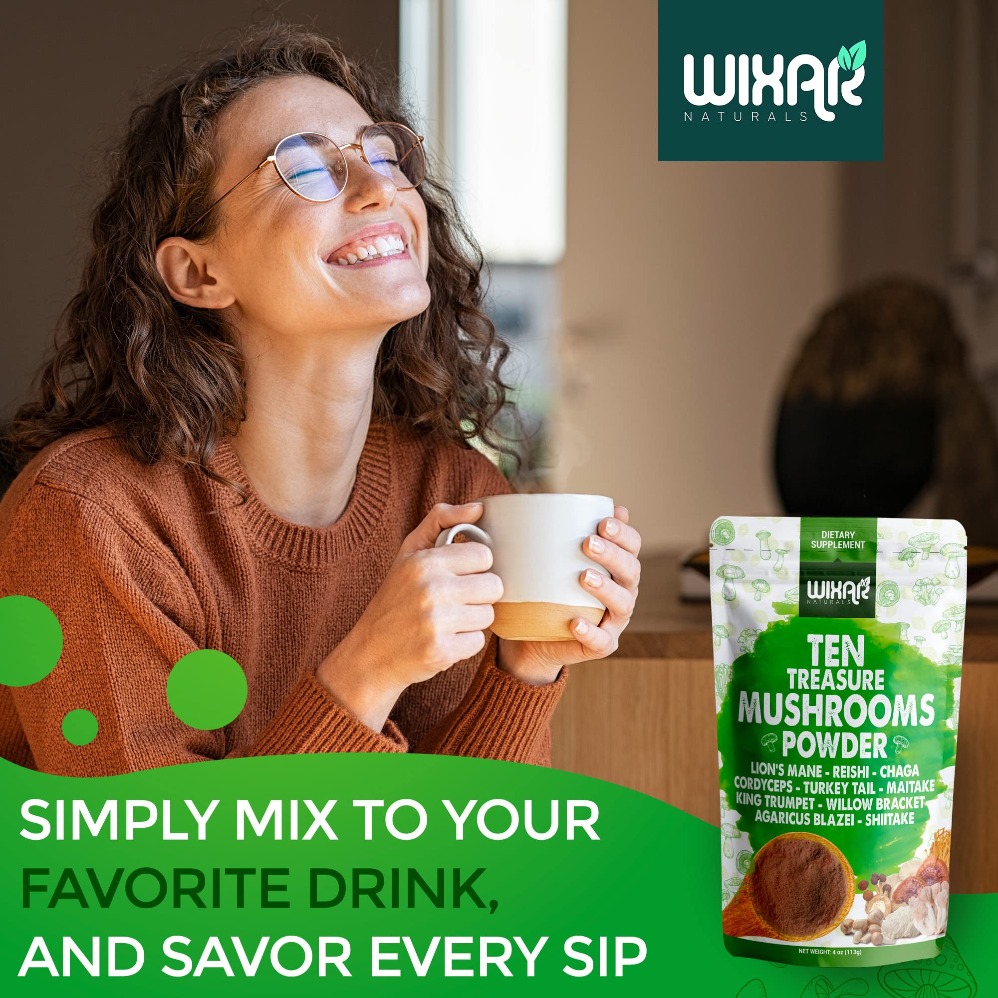 Wixar Mushroom Powder - Ten Treasure Mushrooms Extract Supplement Blend for Coffee - AB Mystery