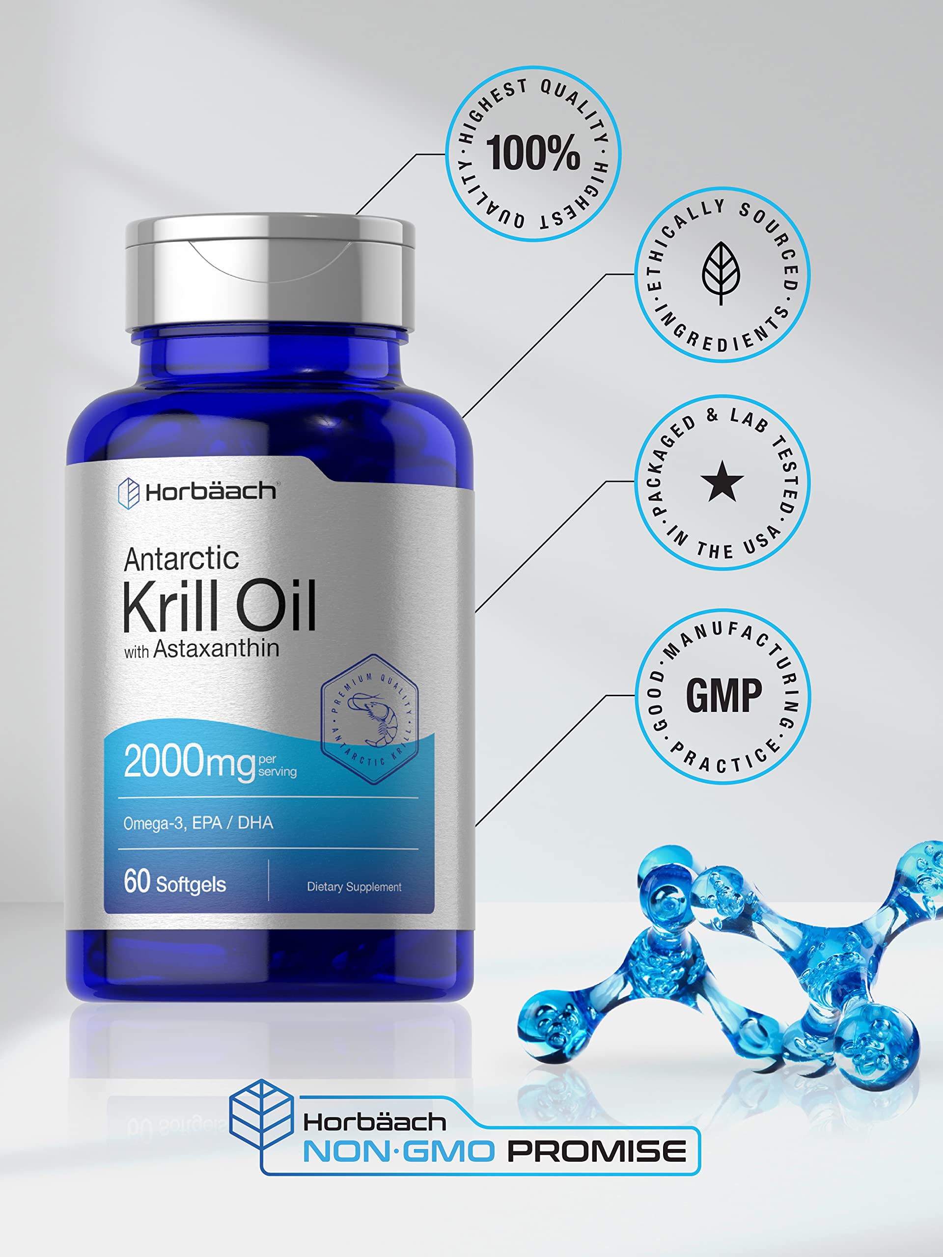Horbäach Antarctic Krill Oil 2000mg | 60 Softgel Capsules | Omega-3, EPA, DHA Supplemen - AB Mystery