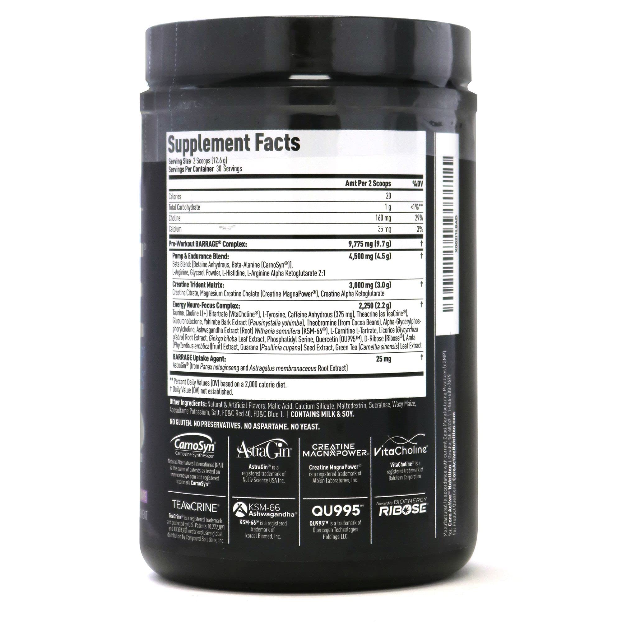 (CORE)ACTIVE Barrage Pre Workout Powder - Preworkout for Women & Men, Creatine Powder, Beta Alanine, Agmatine Sulfate, & Caffeine - Muscle Builder for Men with Intense Energy - Grape (30 Servings)