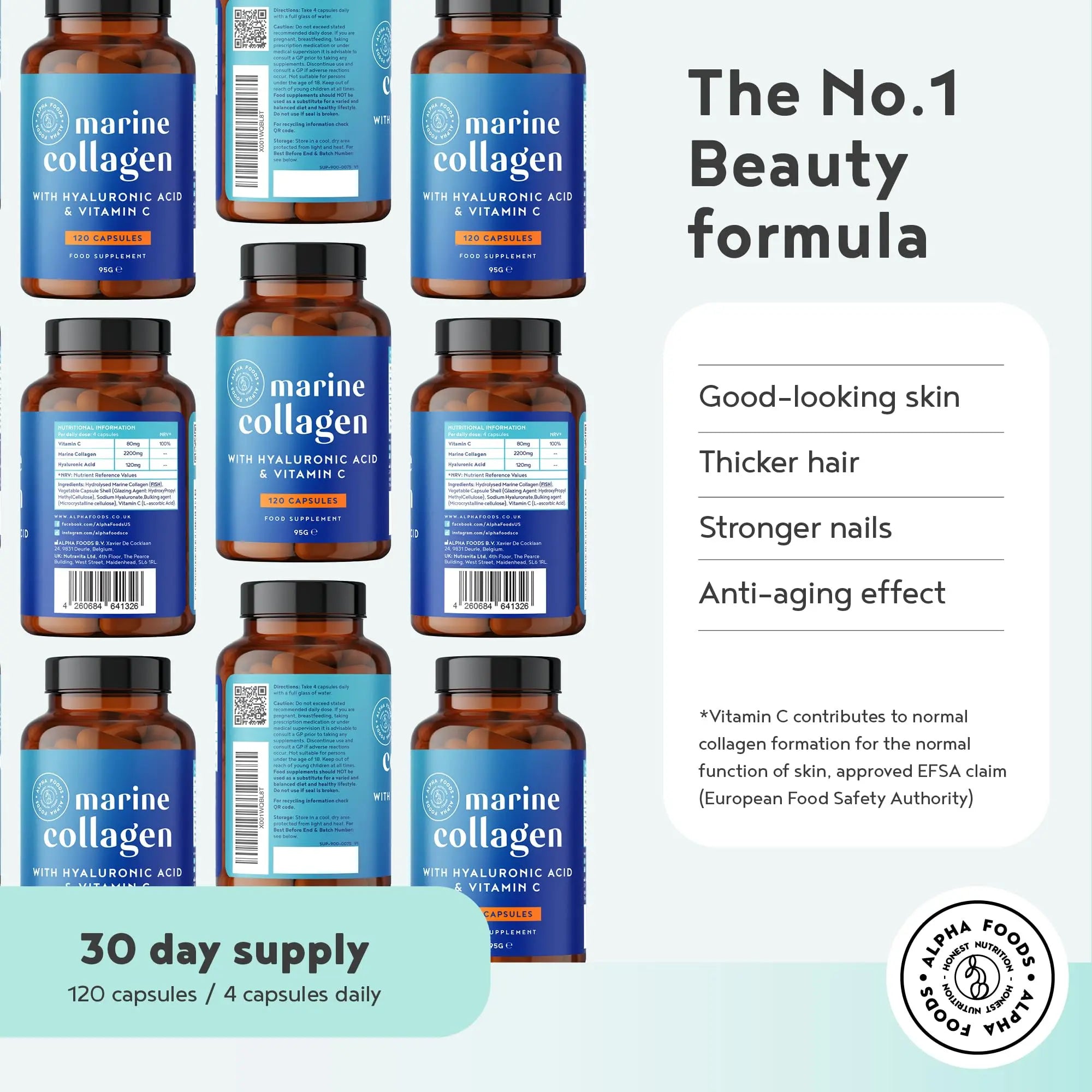 Marine Collagen Capsules 2200mg - Enhanced with Hyaluronic Acid and Vitamin C Alpha Foods