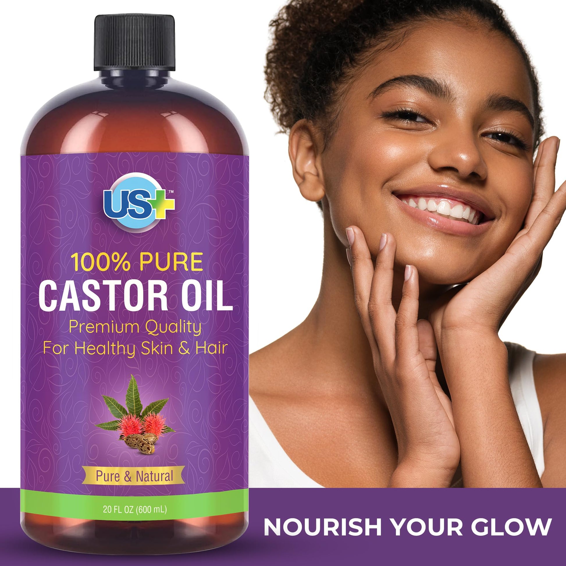 Us+ 20oz 100% Pure Castor Oil - Cold-pressed, Unrefined, Hexane-free - USP Grade - Premium Quality - AB Mystery
