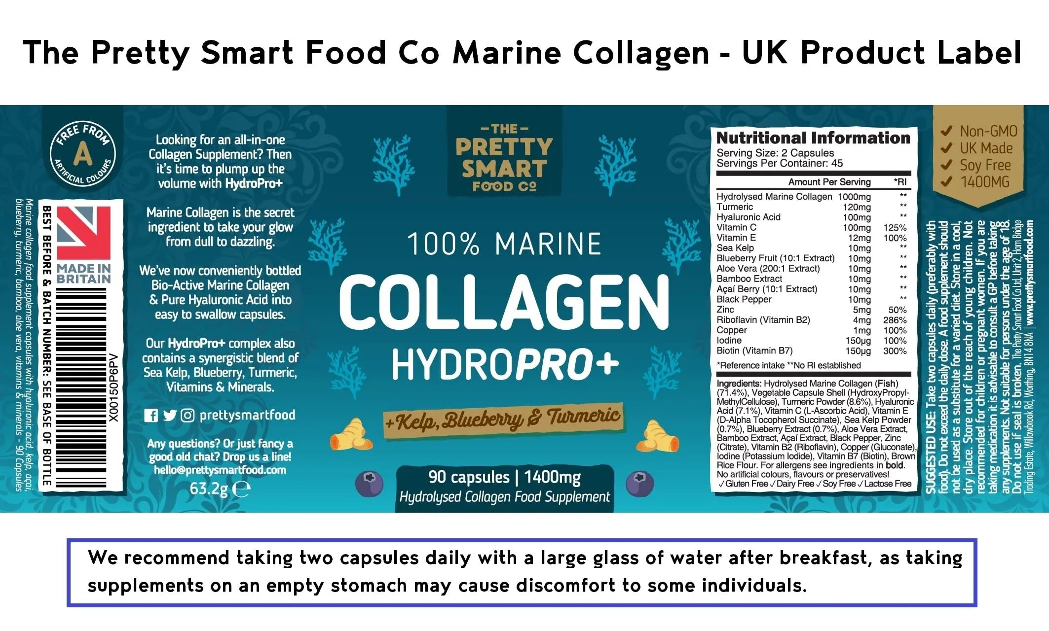 Powerful Marine Collagen Tablets - with Hyaluronic Acid, Biotin & Blueberry - 1400MG Complex - Hydrolysed Type 1 The Pretty Smart Food Co