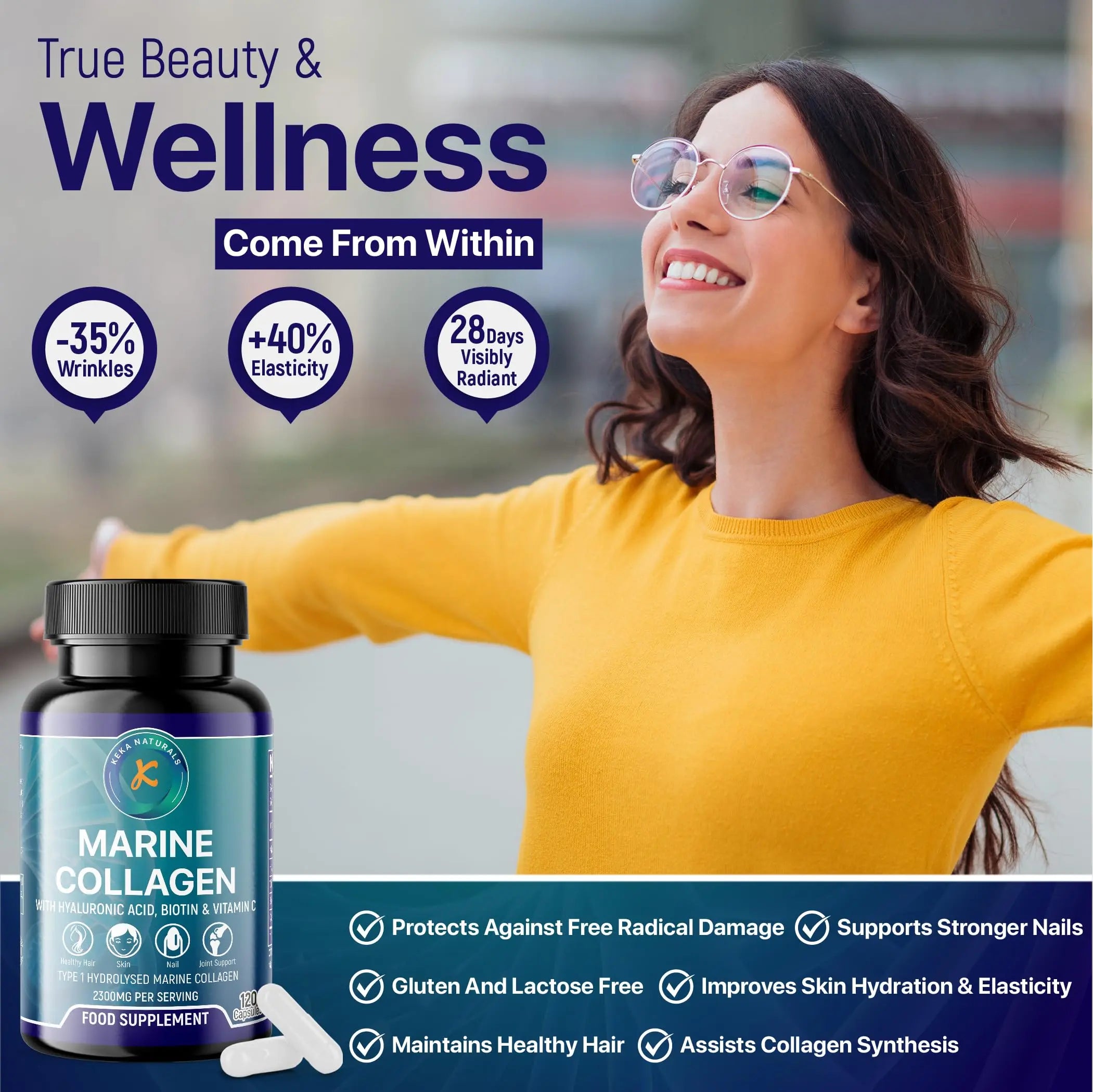 Hydrolysed Marine Collagen Peptides 2300mg - Enhanced with Hyaluronic Acid & Vitamin C - AB Mystery