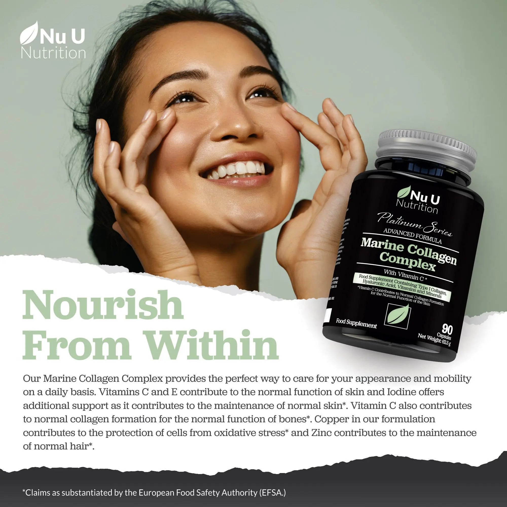 Marine Collagen with Hyaluronic Acid, Vitamin C - 90 Hydrolysed Capsules (not Tablets - AB Mystery