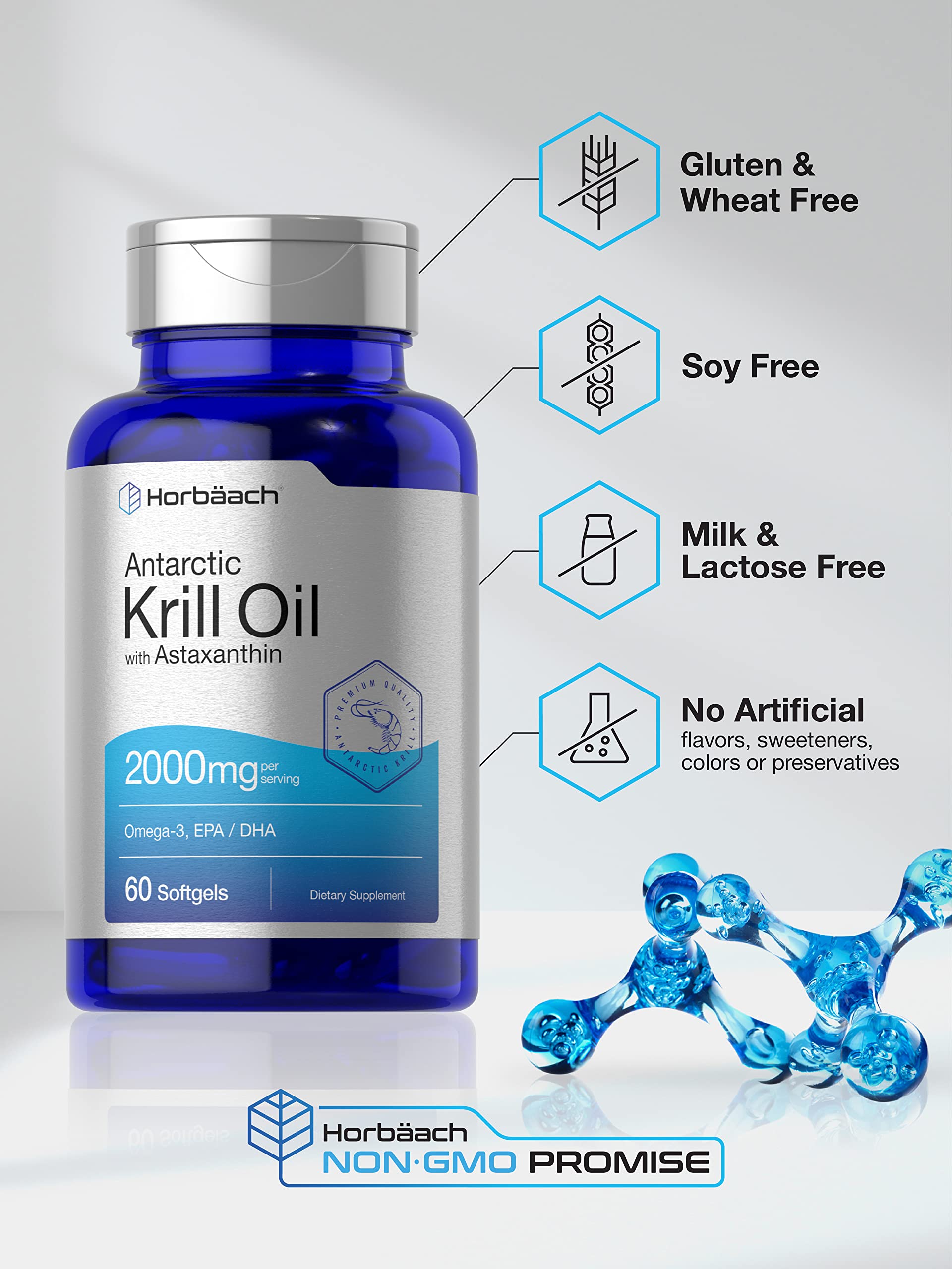 Horbäach Antarctic Krill Oil 2000mg | 60 Softgel Capsules | Omega-3, EPA, DHA Supplemen - AB Mystery