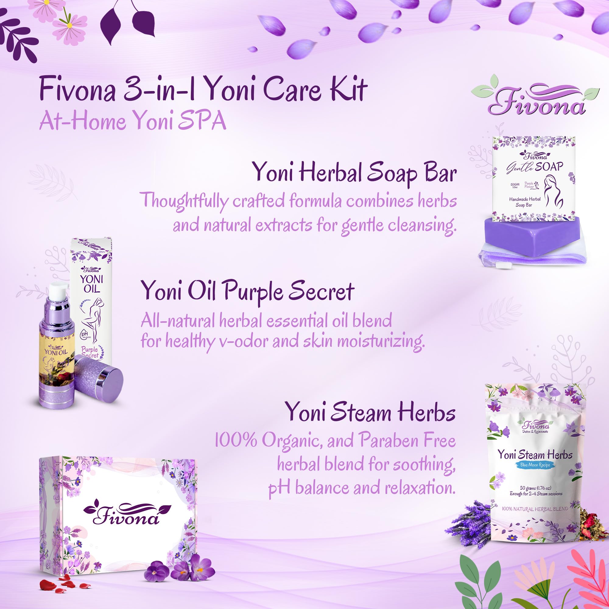 FIVONA Yoni Care Kit 3 in 1 - pH Balanced Natural Vaginal Oil 30 ml, Organic Herbal Soap 5.3 oz - AB Mystery