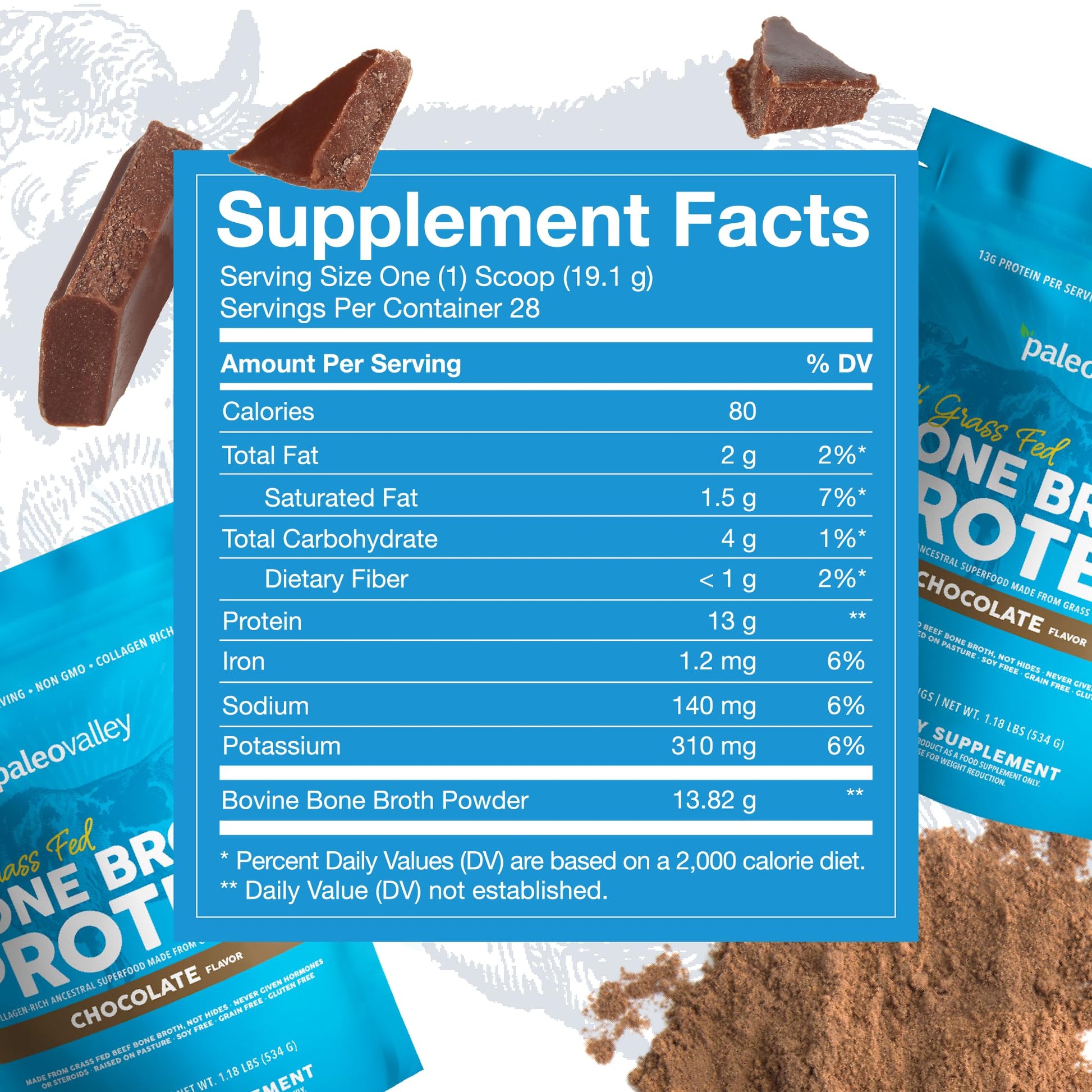 Paleovalley 100% Grass Fed Bone Broth Protein Powder - Chocolate - Rich in Collagen - AB Mystery