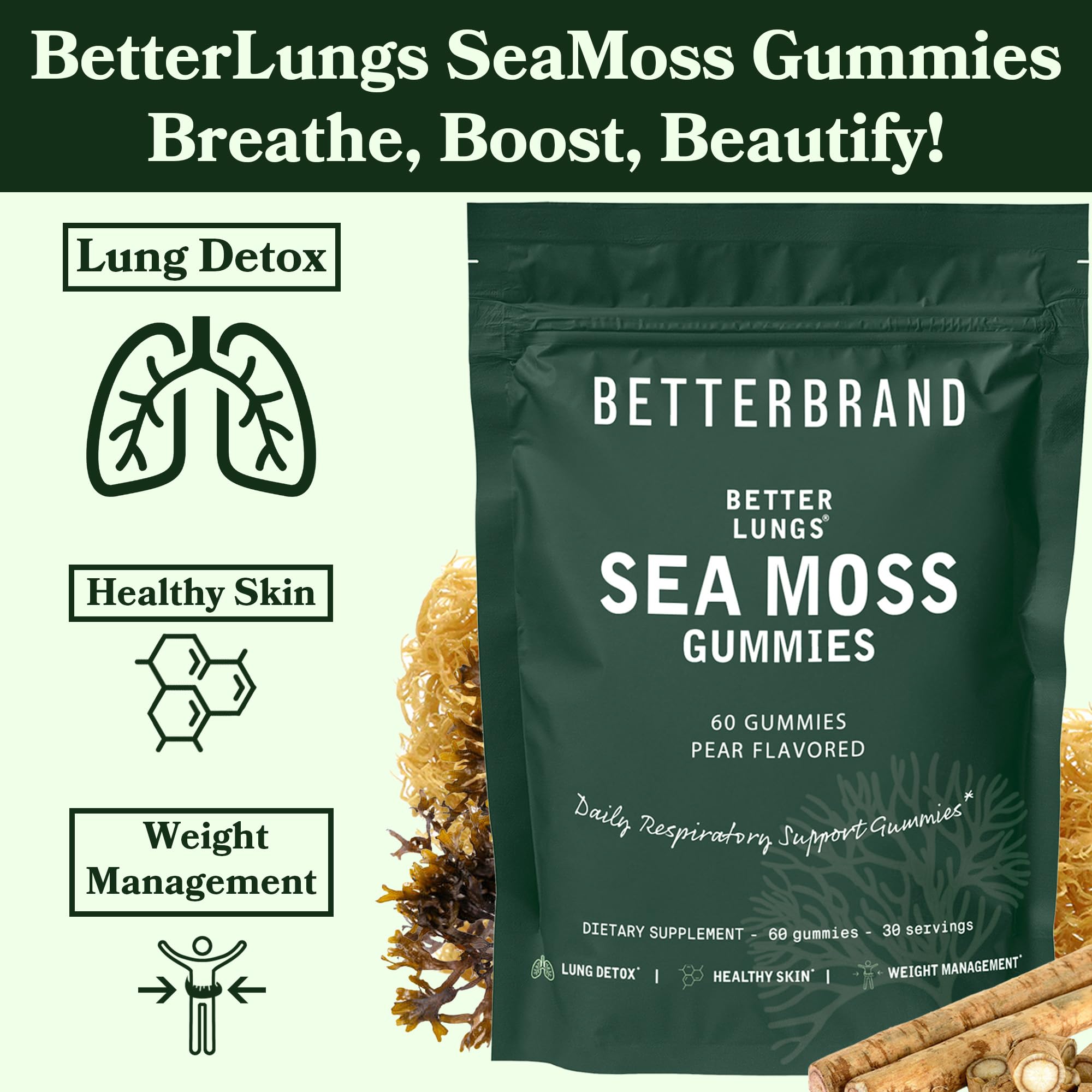 Betterbrand BetterLungs Pear Flavored Sea Moss Gummies - 1600mg Bladderwrack - AB Mystery