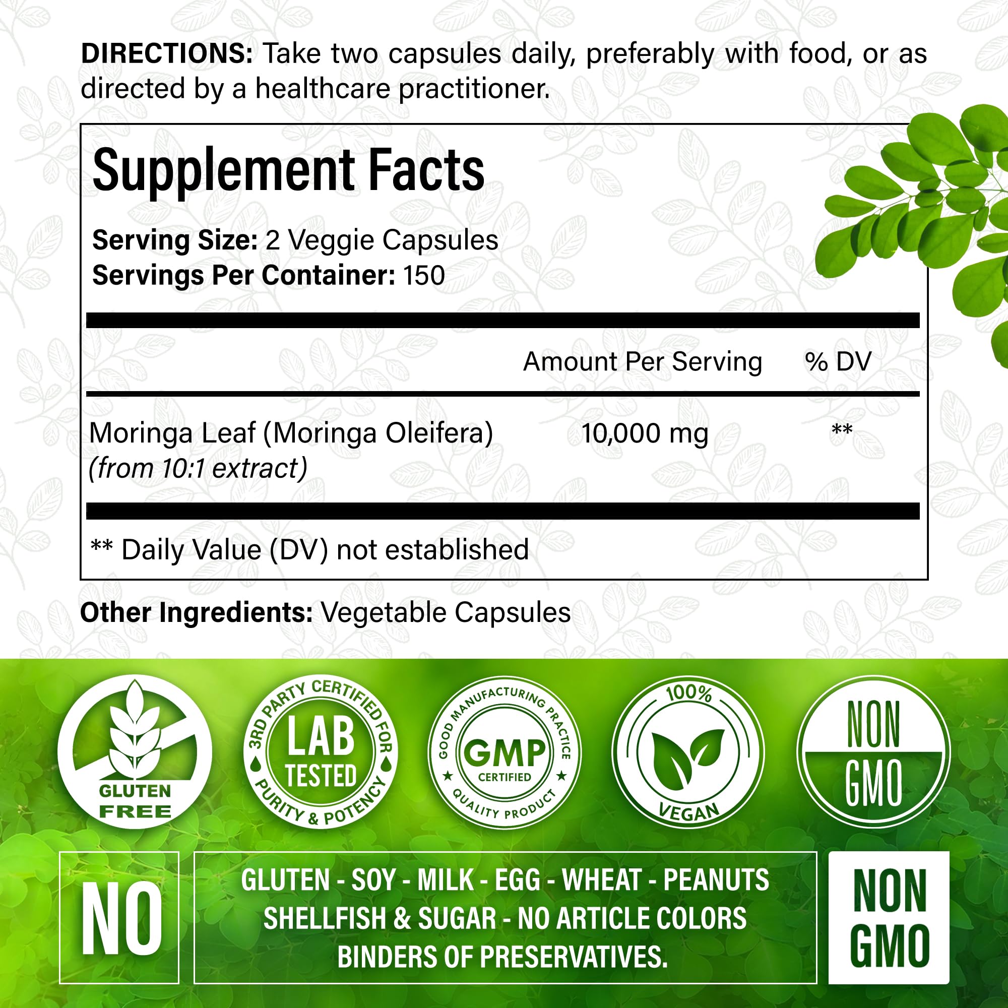 Moringa Capsules| Moringa Oleifera |10,000mg| 300 Capsules| 100% Pure| Non-GMO - AB Mystery