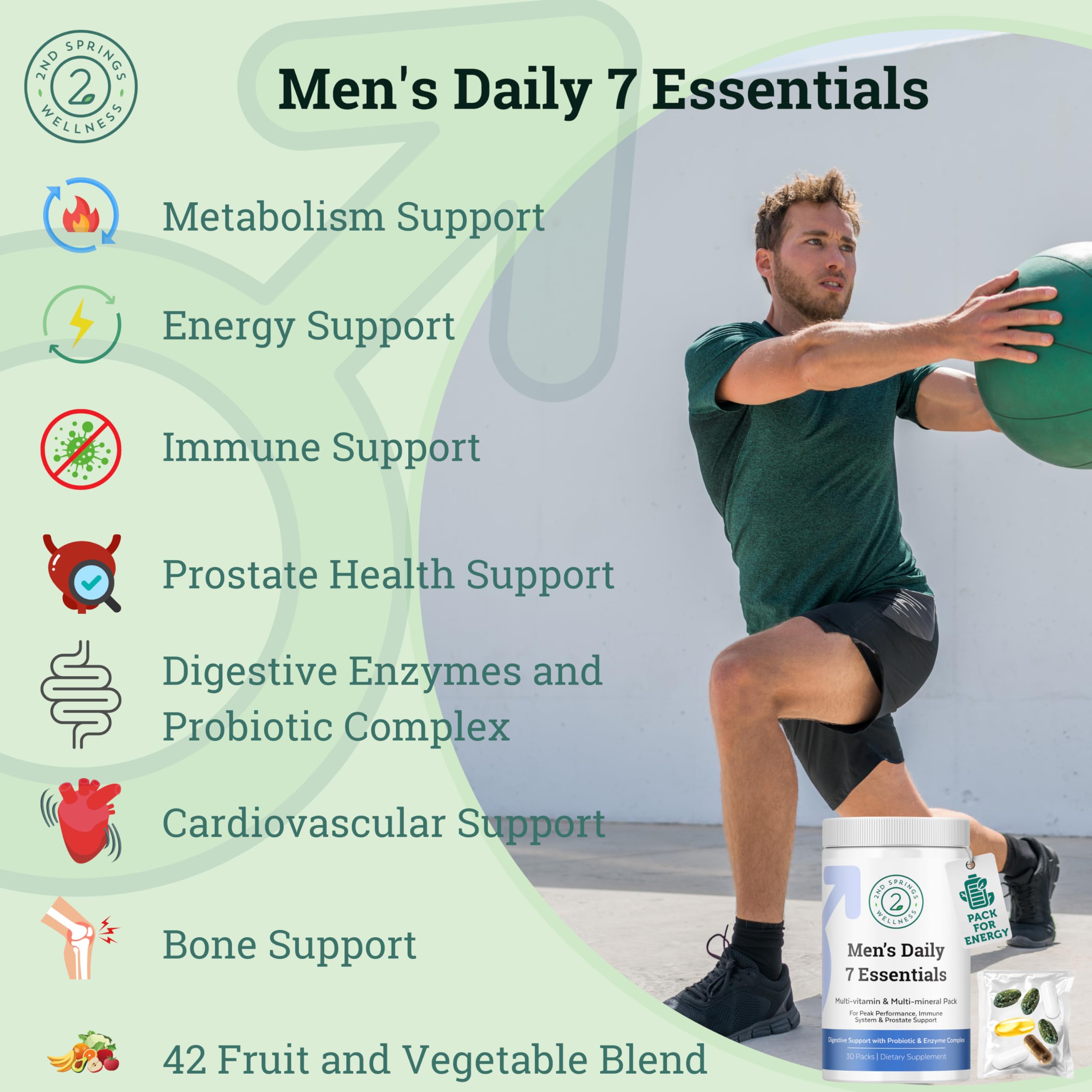2nd Springs Daily 7 Essentials Men's Vitamin Pack - 7 Pack Adult Male Multivitamin & Multimineral Pack for Energy, Metabolism, Immune System Support - AB Mystery