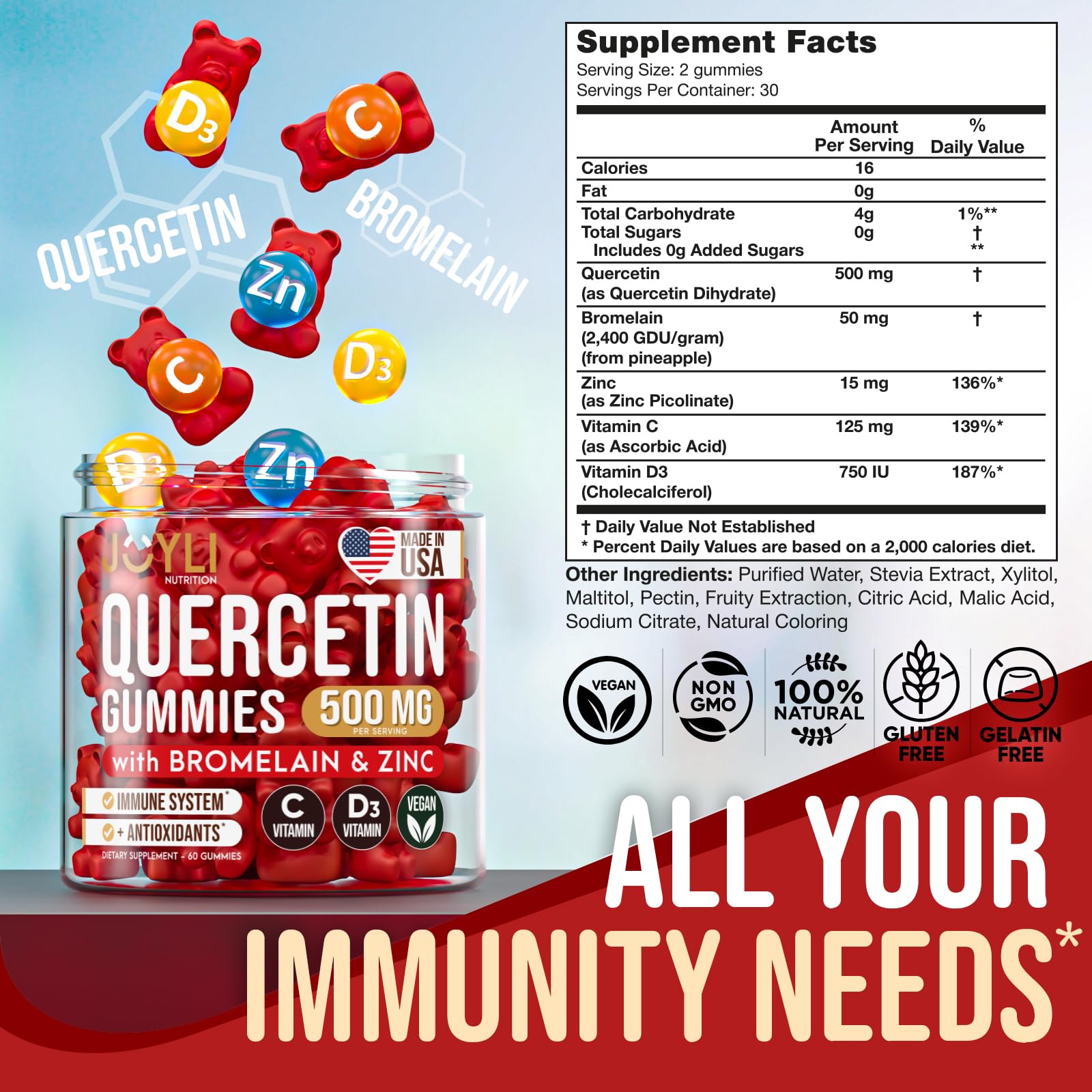 JOYLI Quercetin Gummies - Pure Quercetin with Bromelain Zinc Vitamin C & Vitamin D3 - AB Mystery
