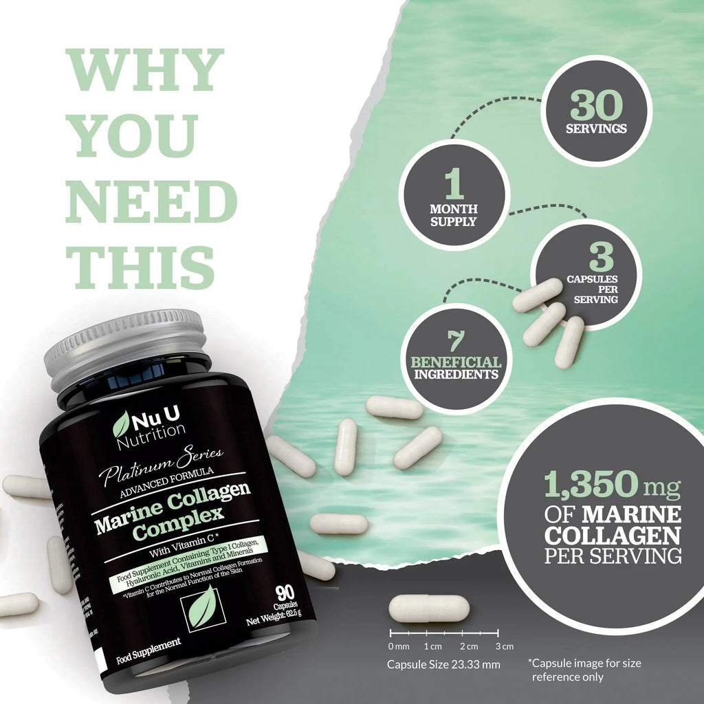 Marine Collagen with Hyaluronic Acid, Vitamin C - 90 Hydrolysed Capsules (not Tablets) - Premium High Strength Collagen - AB Mystery