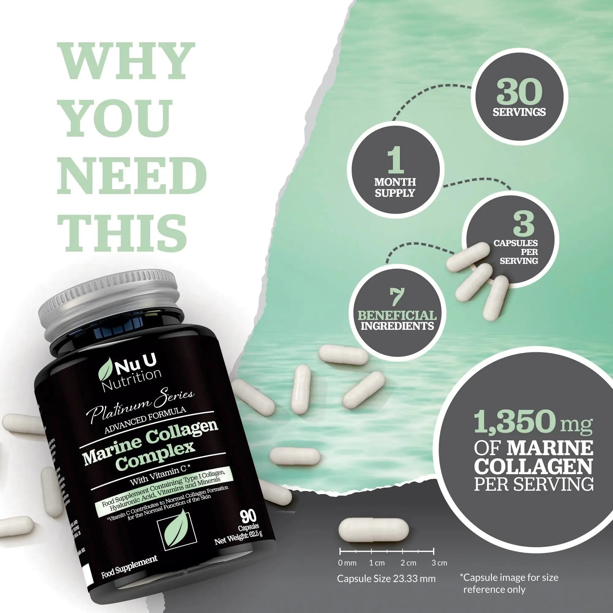 Marine Collagen with Hyaluronic Acid, Vitamin C - 90 Hydrolysed Capsules (not Tablets - AB Mystery
