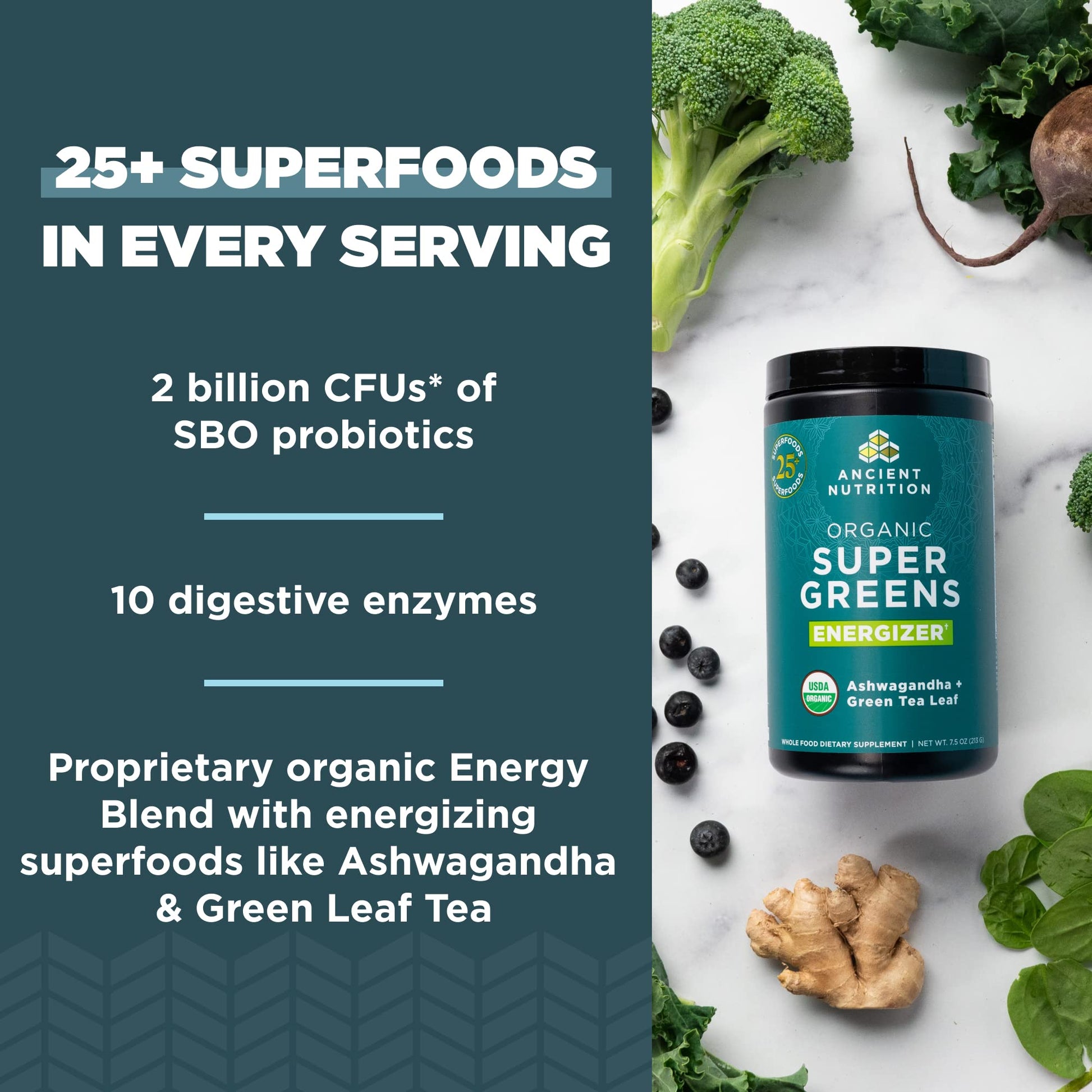 Ancient Nutrition Supergreens Energizer Powder, Organic Superfood Powder with Caffeine - AB Mystery