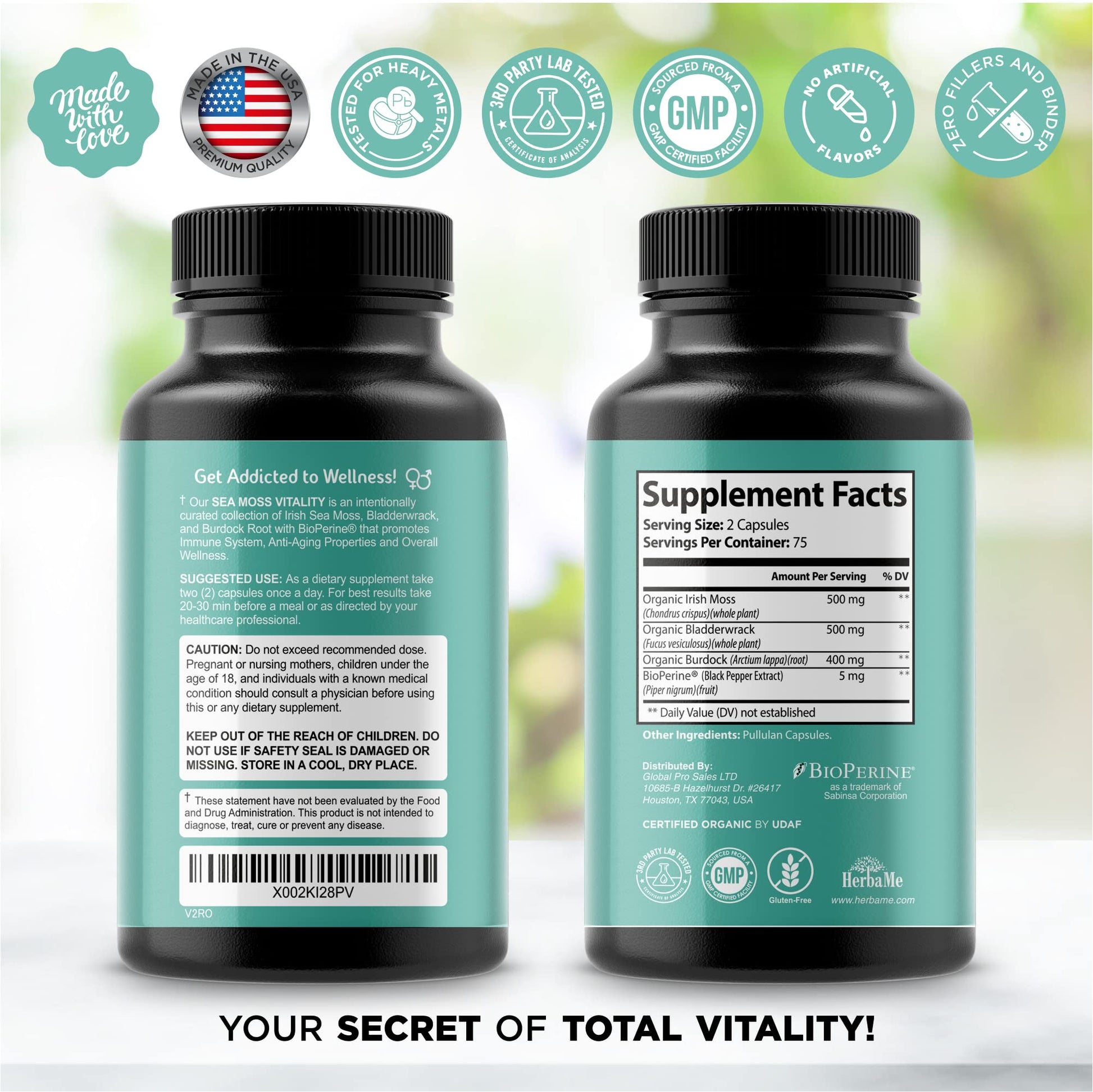 HerbaMe Organic Irish Sea Moss with Bladderwrack, Burdock Root & Black Pepper Extract - AB Mystery