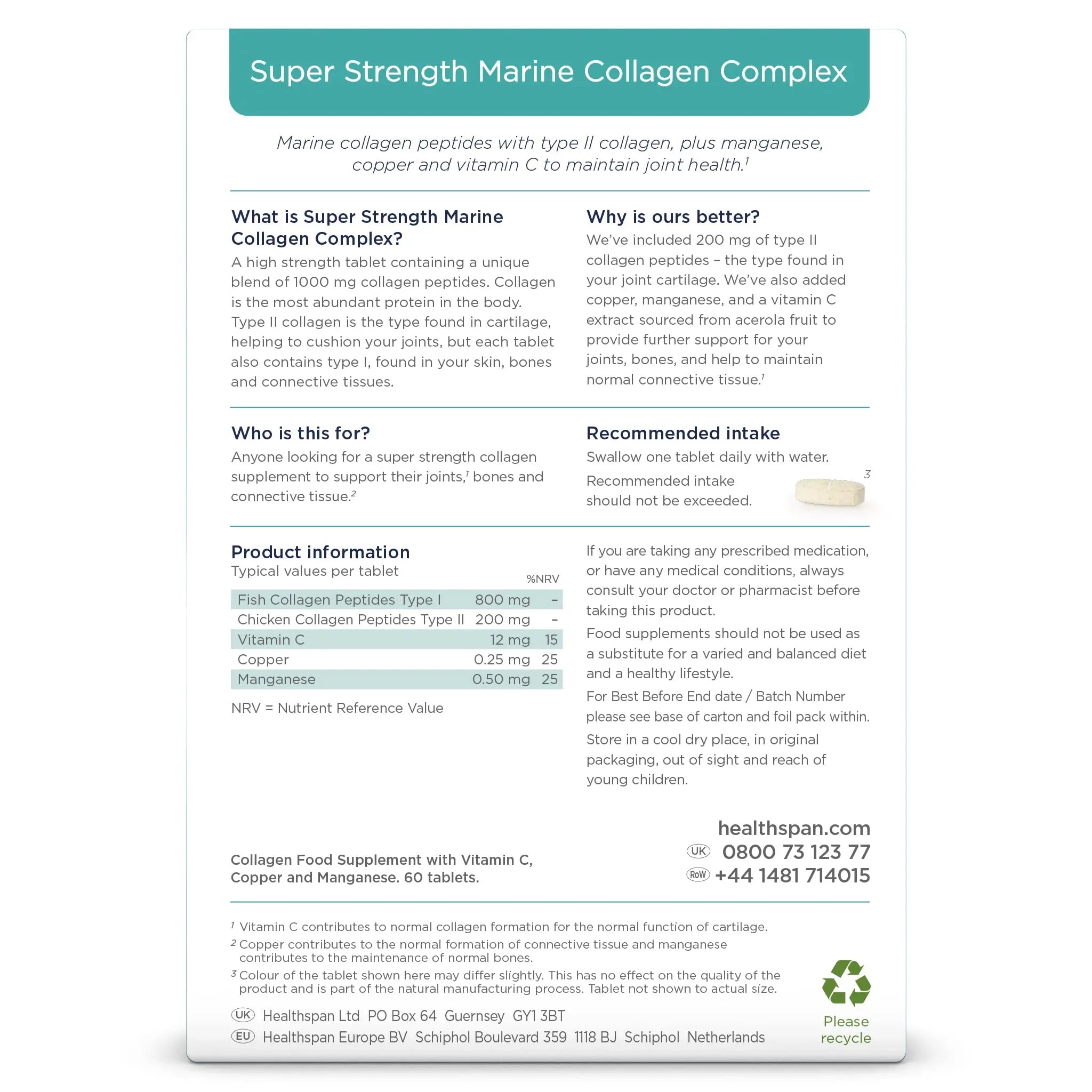 Healthspan 1,000mg Marine Collagen Complex 60 Tablets | 800mg Type I + 200mg Type II Collagen healthspan