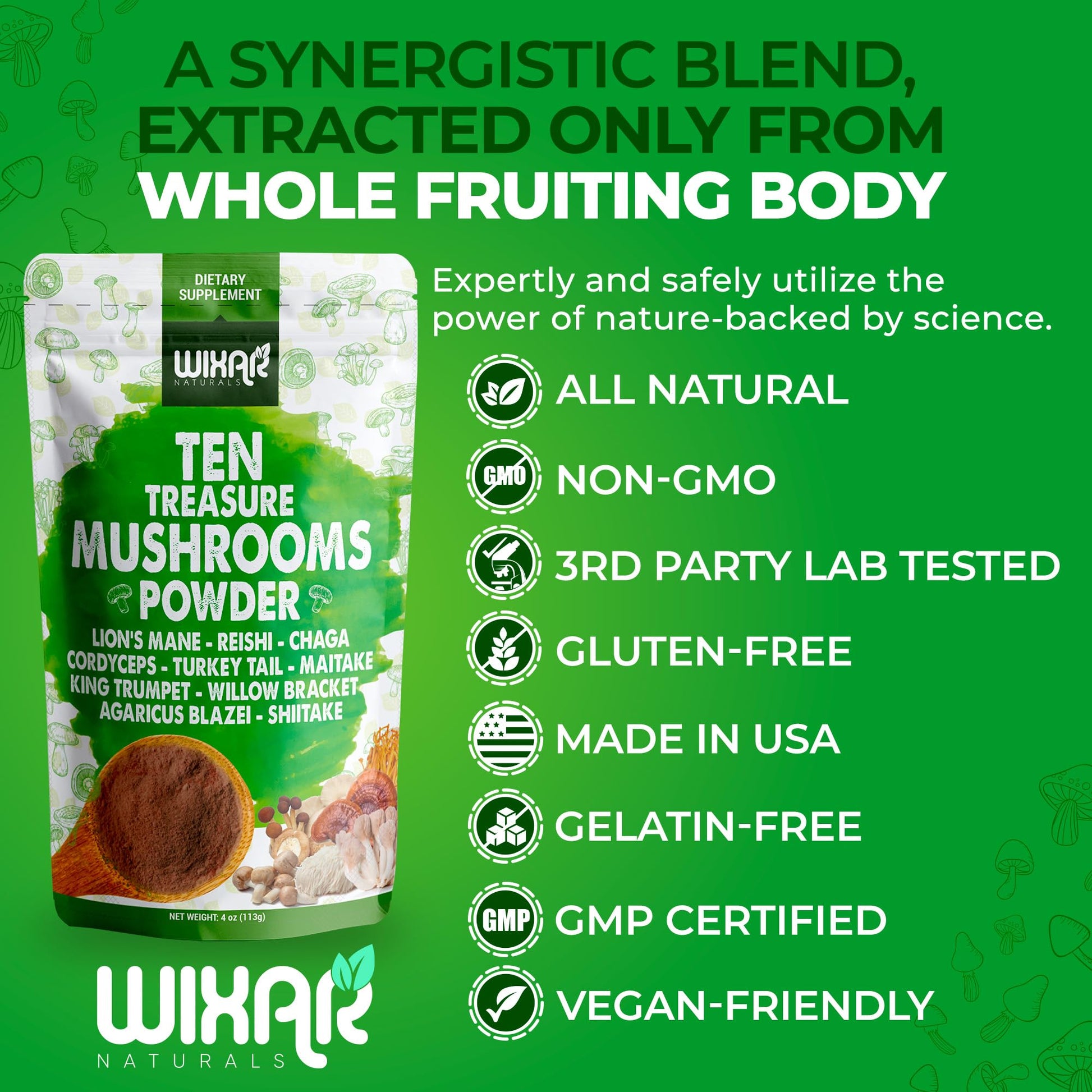 Wixar Mushroom Powder - Ten Treasure Mushrooms Extract Supplement Blend for Coffee - AB Mystery