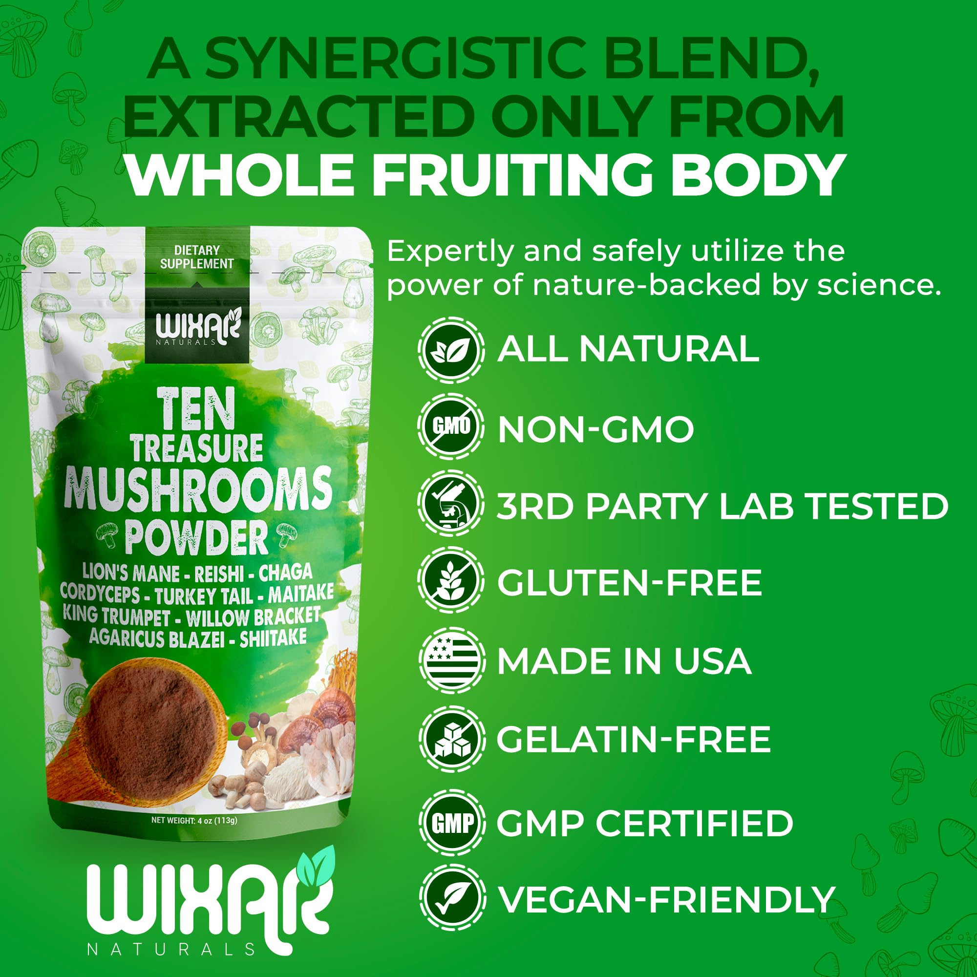 Wixar Mushroom Powder - Ten Treasure Mushrooms Extract Supplement Blend for Coffee - AB Mystery