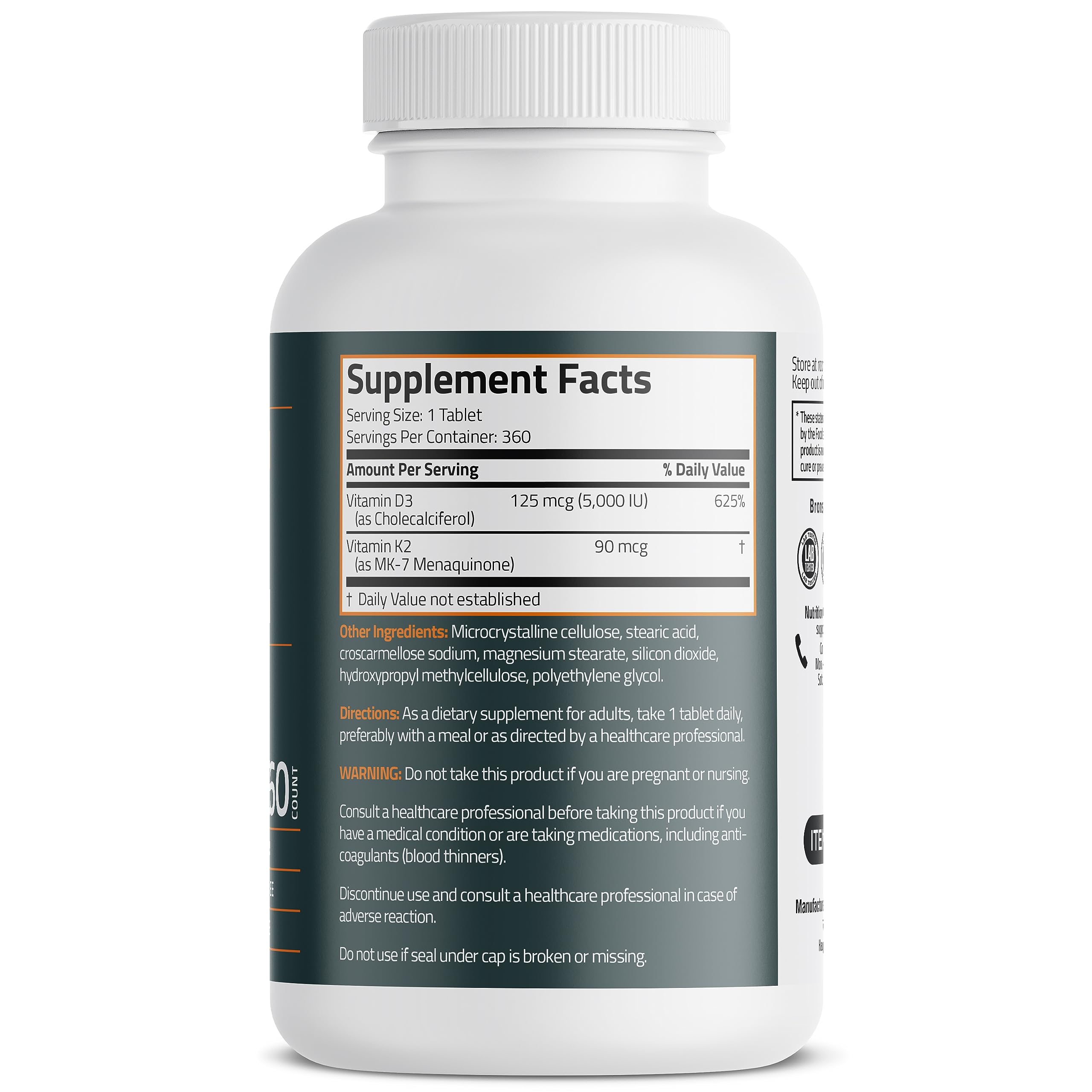 Bronson Basics Vitamin K2 D3 (MK7) Supplement Non-GMO Formula 5000IU (125 mcg) - AB Mystery