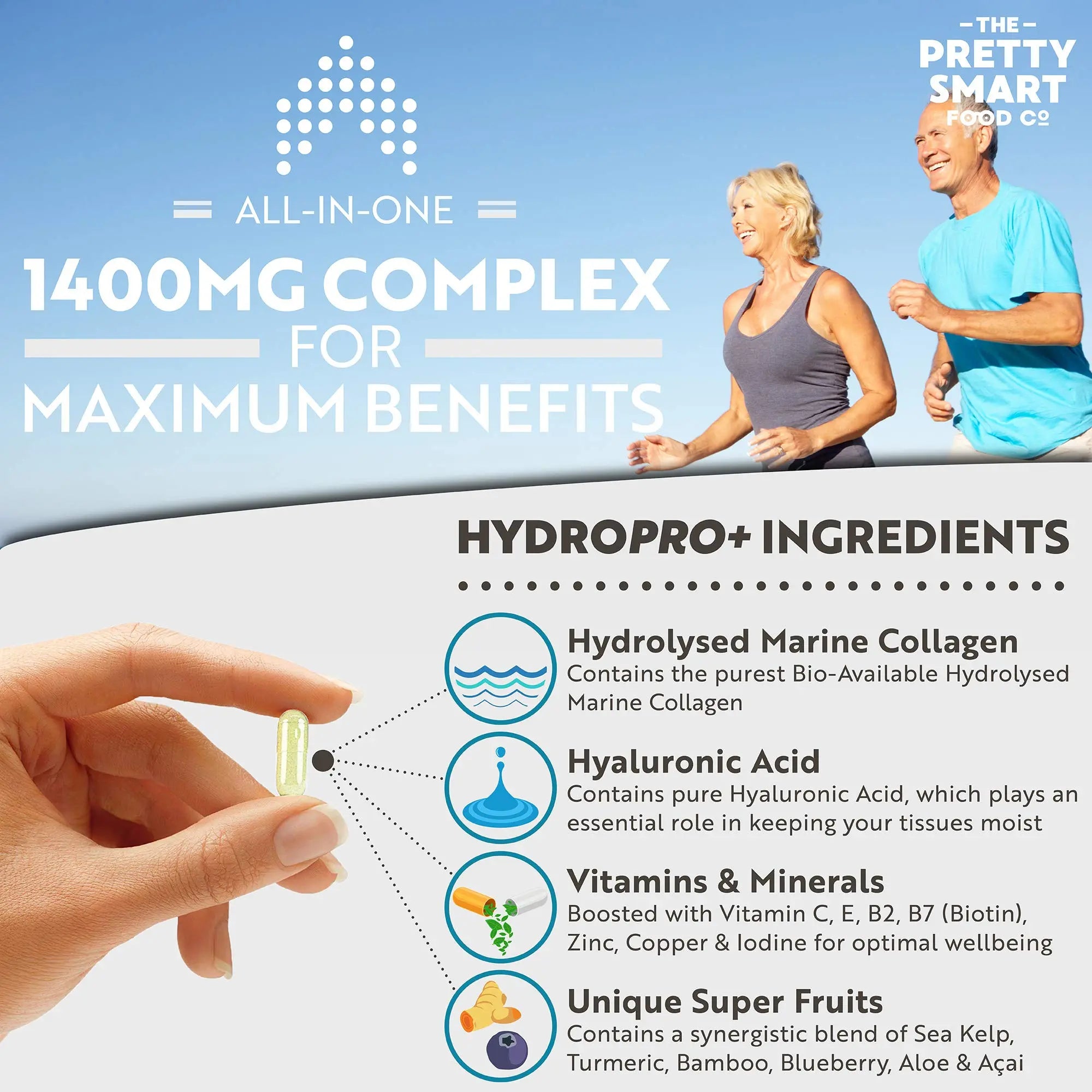 Powerful Marine Collagen Tablets - with Hyaluronic Acid, Biotin & Blueberry - 1400MG Complex - Hydrolysed Type 1 The Pretty Smart Food Co
