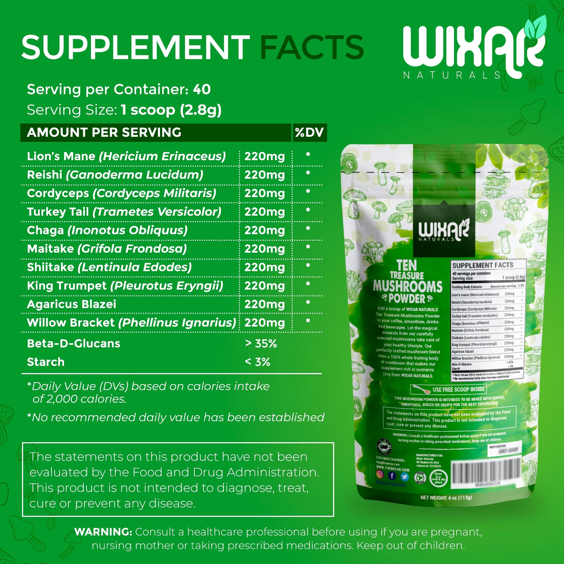 Wixar Mushroom Powder - Ten Treasure Mushrooms Extract Supplement Blend for Coffee - AB Mystery