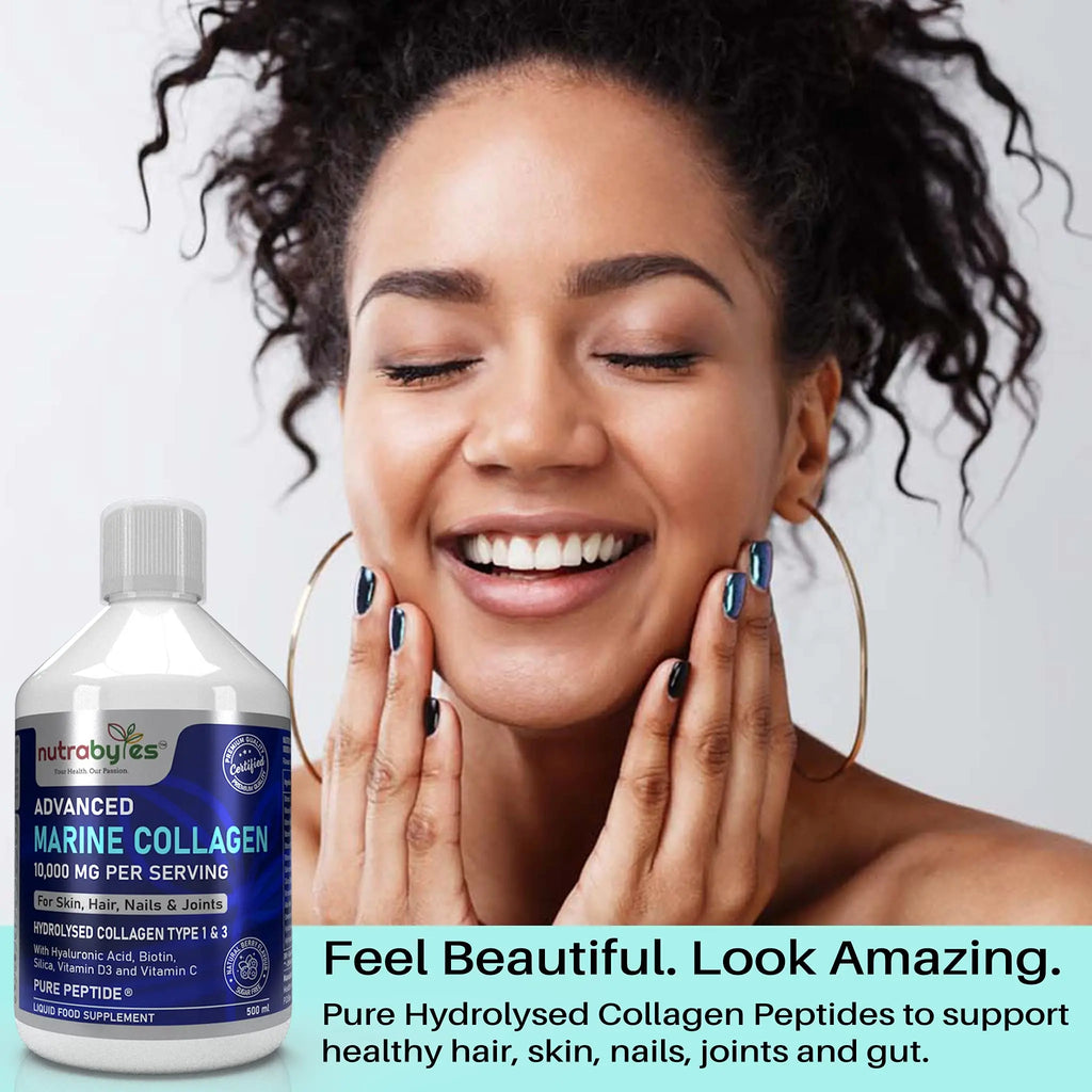 Marine Collagen Liquid 10000mg Sugar Free, Hydrolysed Peptides | Hyaluronic Acid, Biotin, Silica, Vitamin C, Vitamin D3 NUTRABYTES