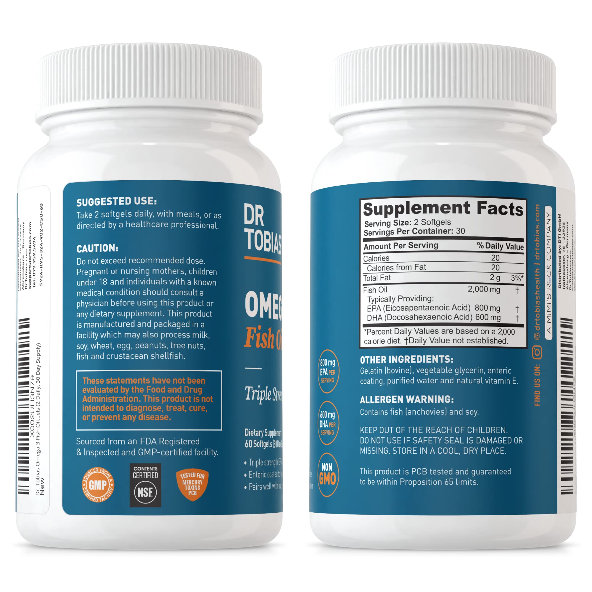 Dr. Tobias Omega 3 Fish Oil, 800 mg EPA 600 DHA Supplement for Heart, Brain & Immune - AB Mystery