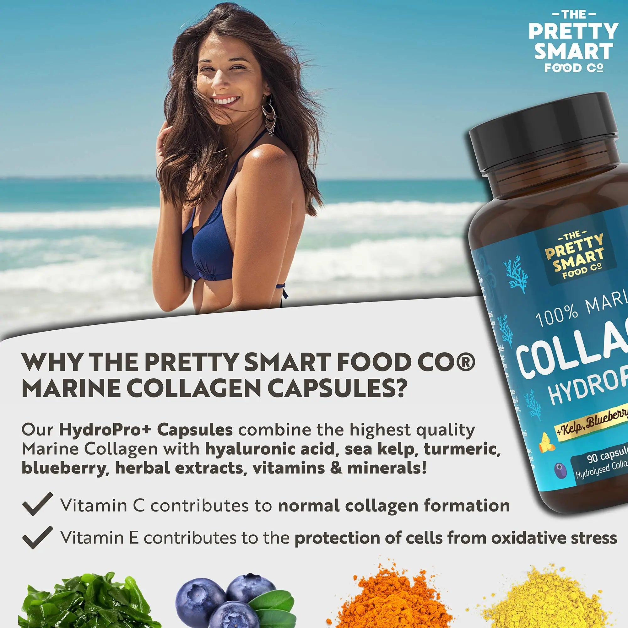 Powerful Marine Collagen Tablets - with Hyaluronic Acid, Biotin & Blueberry - 1400MG Complex - Hydrolysed Type 1 The Pretty Smart Food Co
