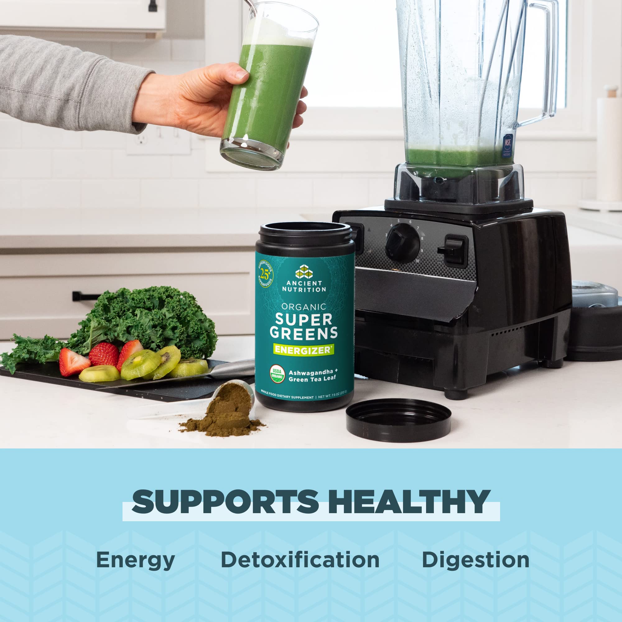 Ancient Nutrition Supergreens Energizer Powder, Organic Superfood Powder with Caffeine - AB Mystery