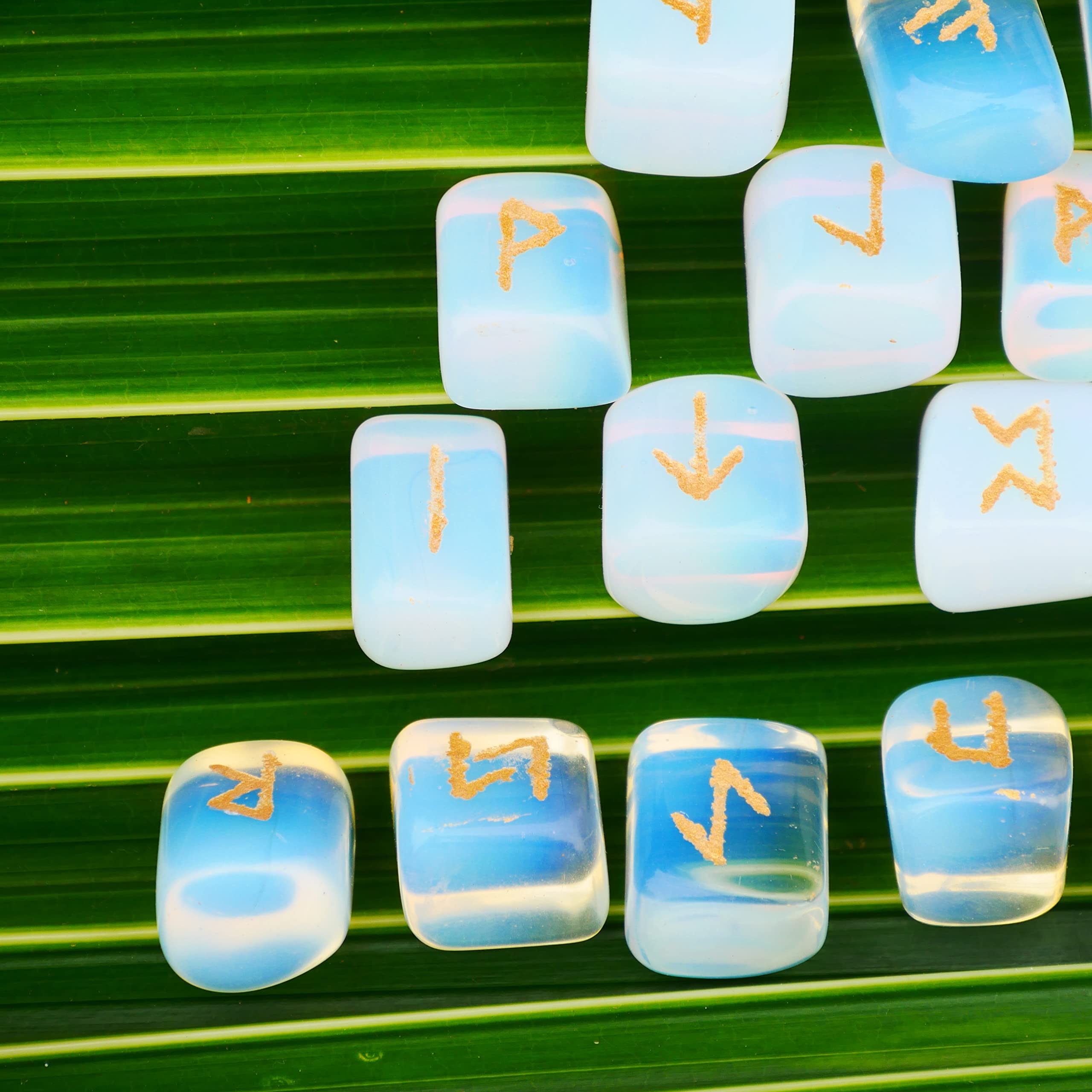 Opalite Rune Stone - Rune Set - Engraved Elder Futhark Alphabet Symbols - Witchcraft Crystals - AB Mystery
