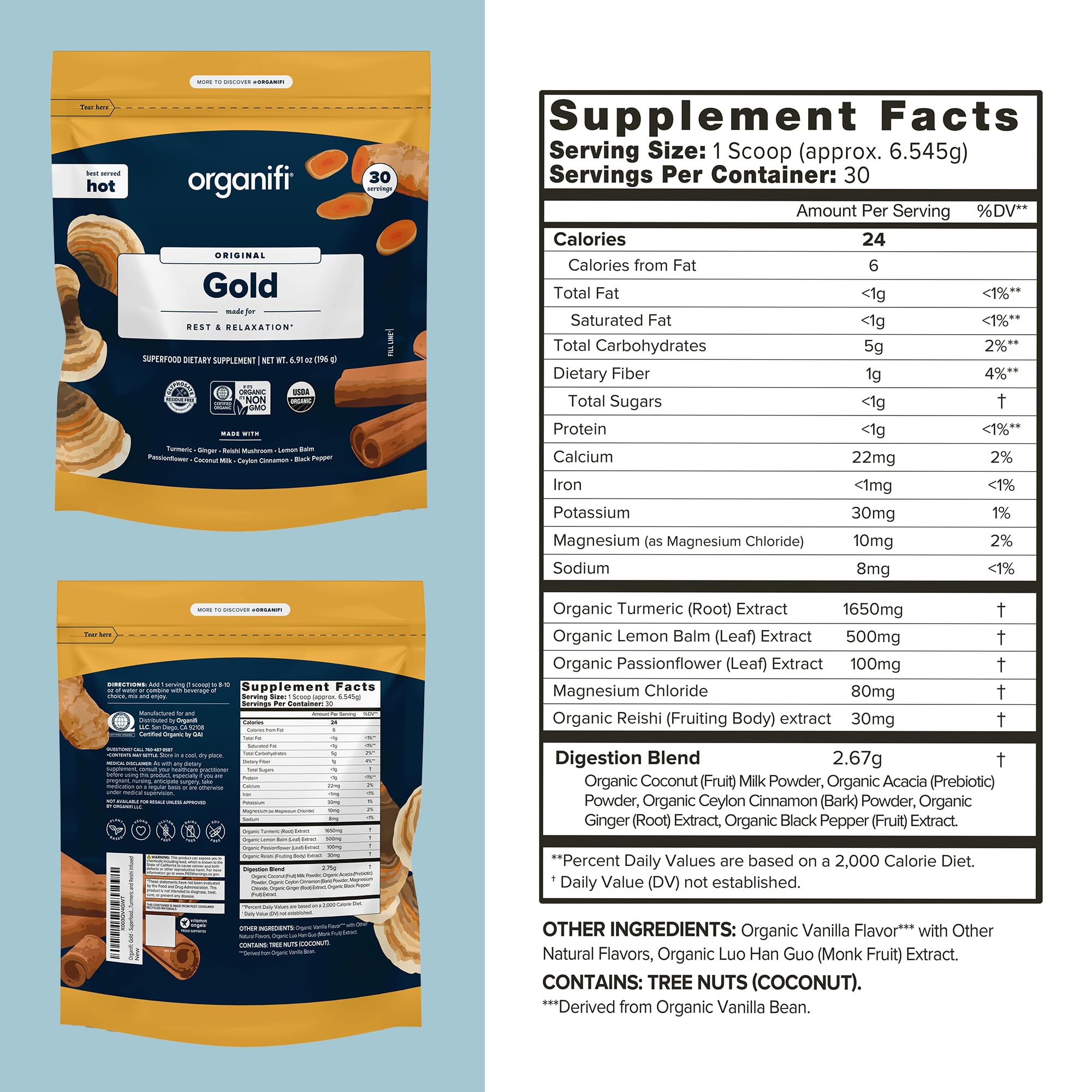 Organifi: Gold - Superfood Supplement Powder- 90 Servings (3 Pack) - Stress Support - AB Mystery