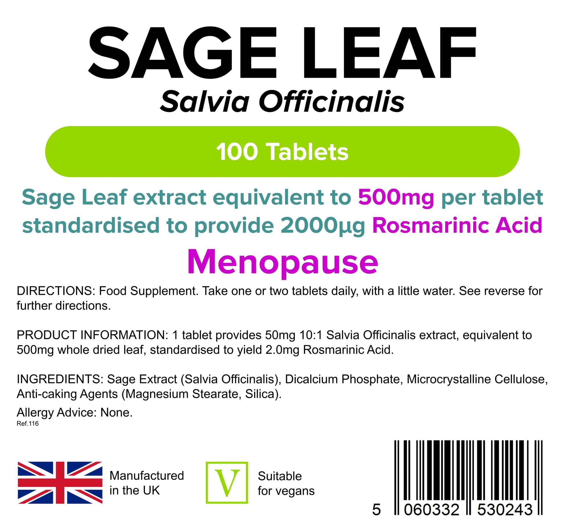 Lindens Sage Leaf 500mg 100 Tablets (Hot Flushes/flashes & Sweats in Menopause) - AB Mystery