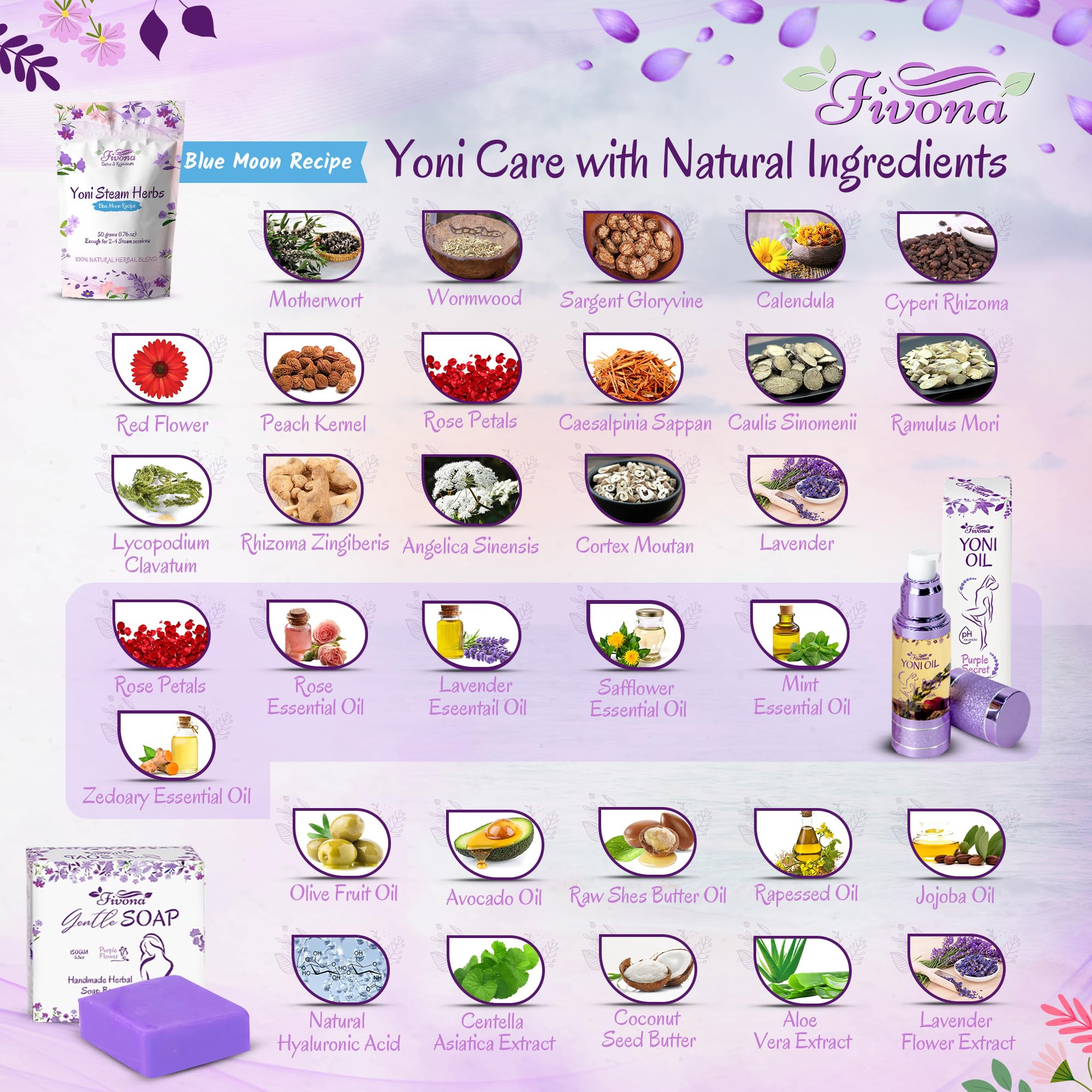 FIVONA Yoni Care Kit 3 in 1 - pH Balanced Natural Vaginal Oil 30 ml, Organic Herbal Soap 5.3 oz - AB Mystery