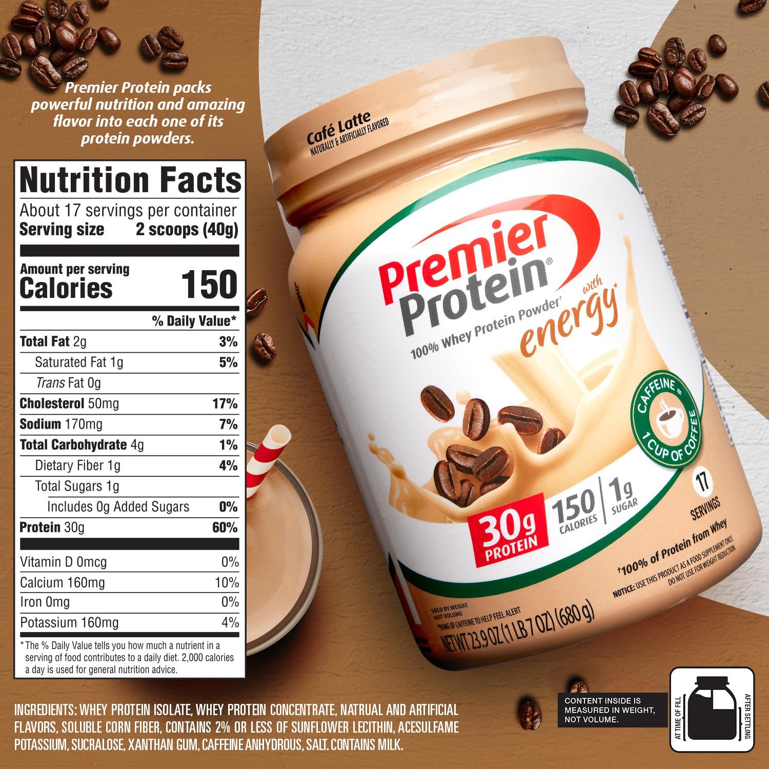 Premier Protein Powder, Cafe Latte , 30g Protein, 1g Sugar, 100% Whey Protein - AB Mystery