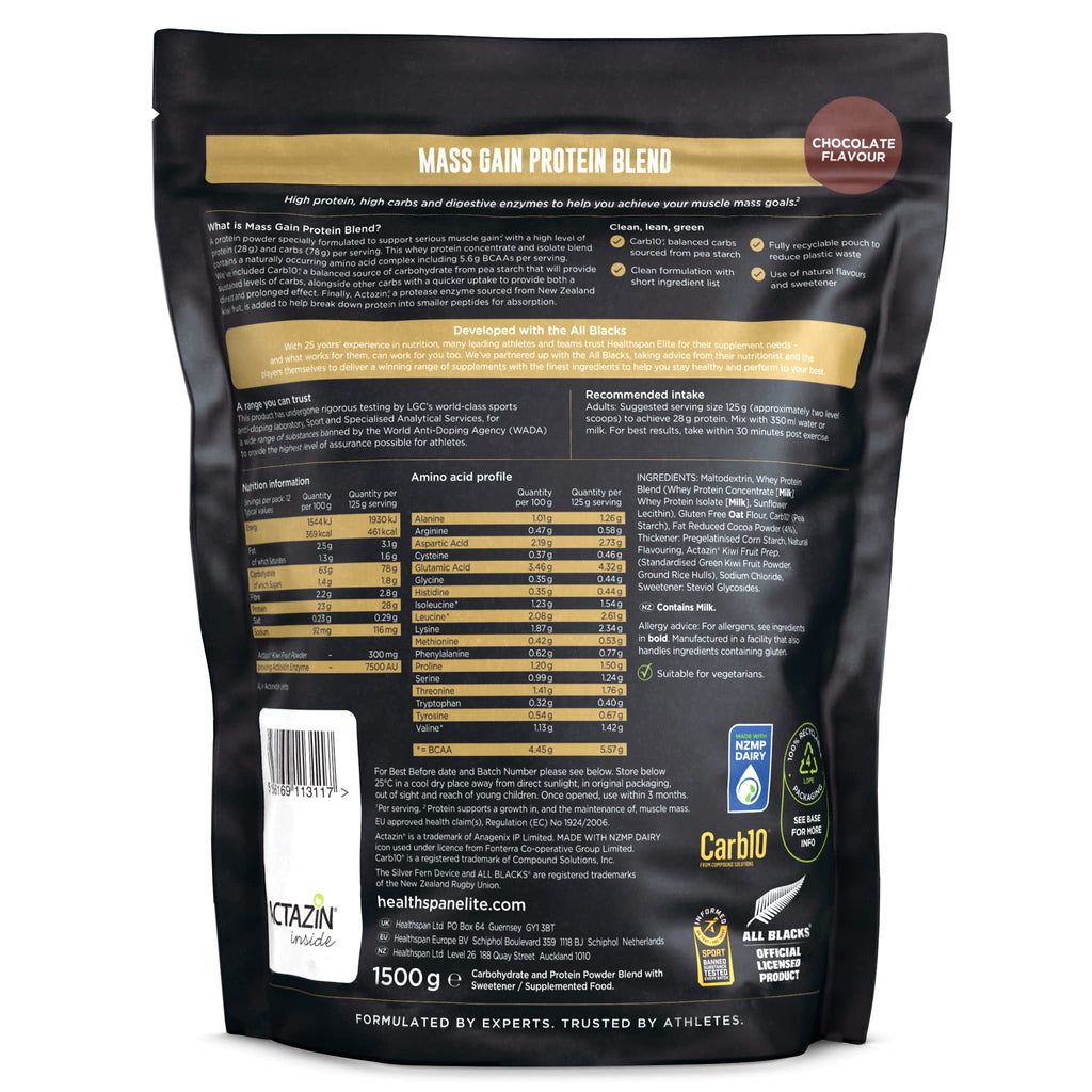Healthspan Elite All Blacks Mass Gain Protein Blend (1500g) | Chocolate | 28g of Protein Healthspan Elite