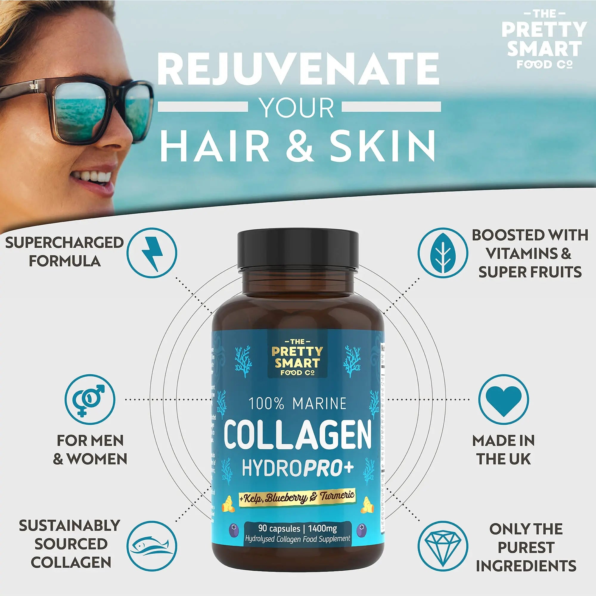 Powerful Marine Collagen Tablets - with Hyaluronic Acid, Biotin & Blueberry - 1400MG Complex - Hydrolysed Type 1 The Pretty Smart Food Co