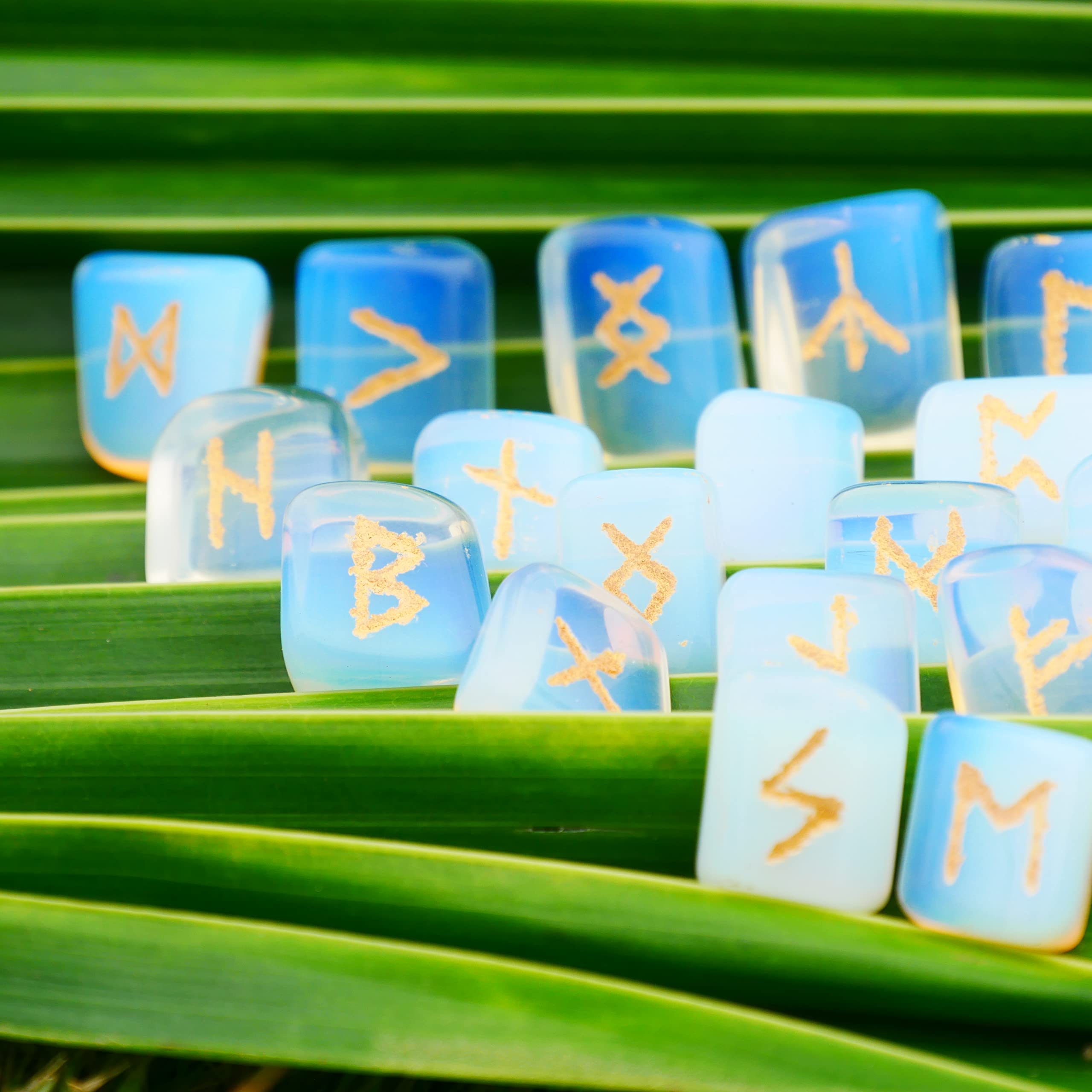 Opalite Rune Stone - Rune Set - Engraved Elder Futhark Alphabet Symbols - Witchcraft Crystals - AB Mystery