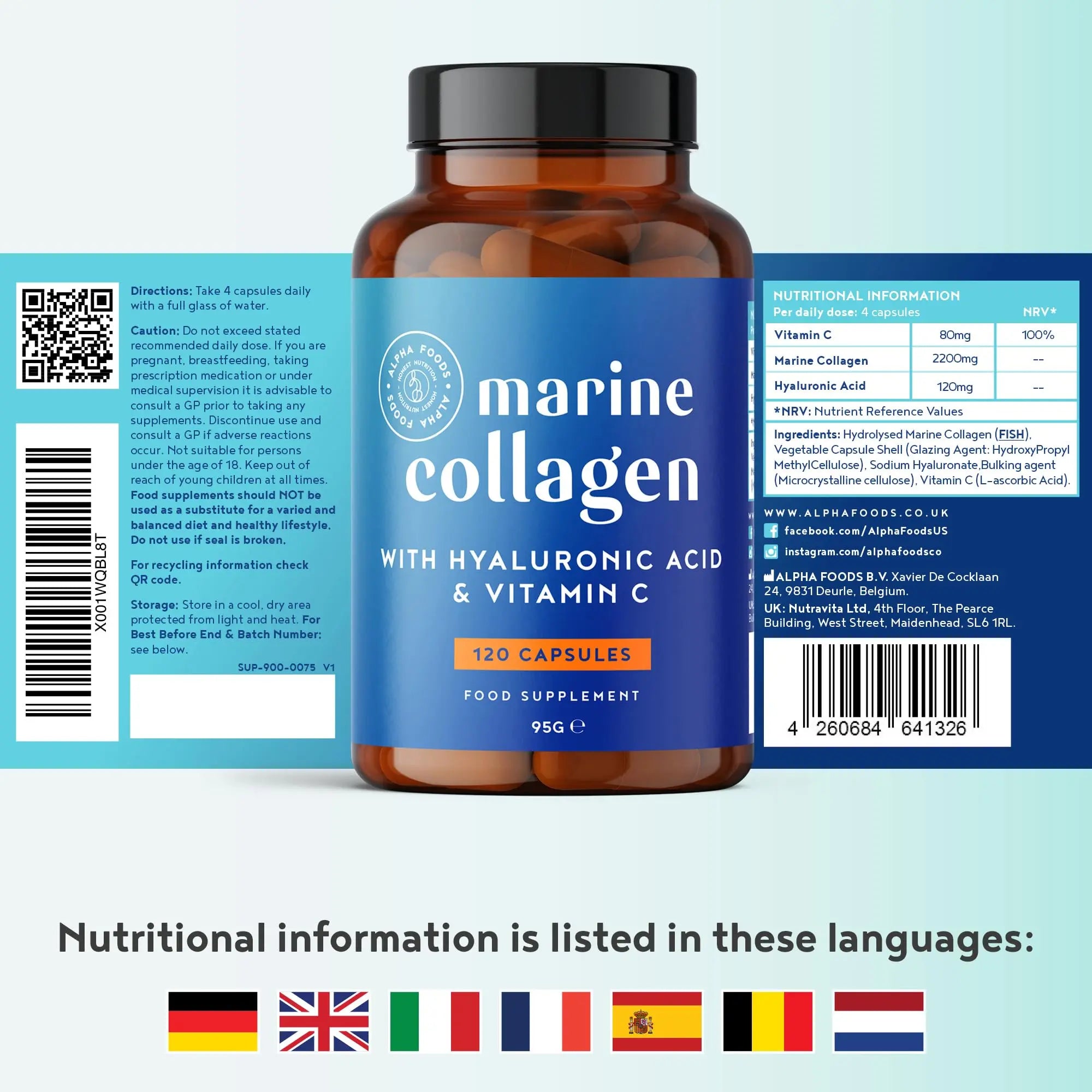 Marine Collagen Capsules 2200mg - Enhanced with Hyaluronic Acid and Vitamin C Alpha Foods
