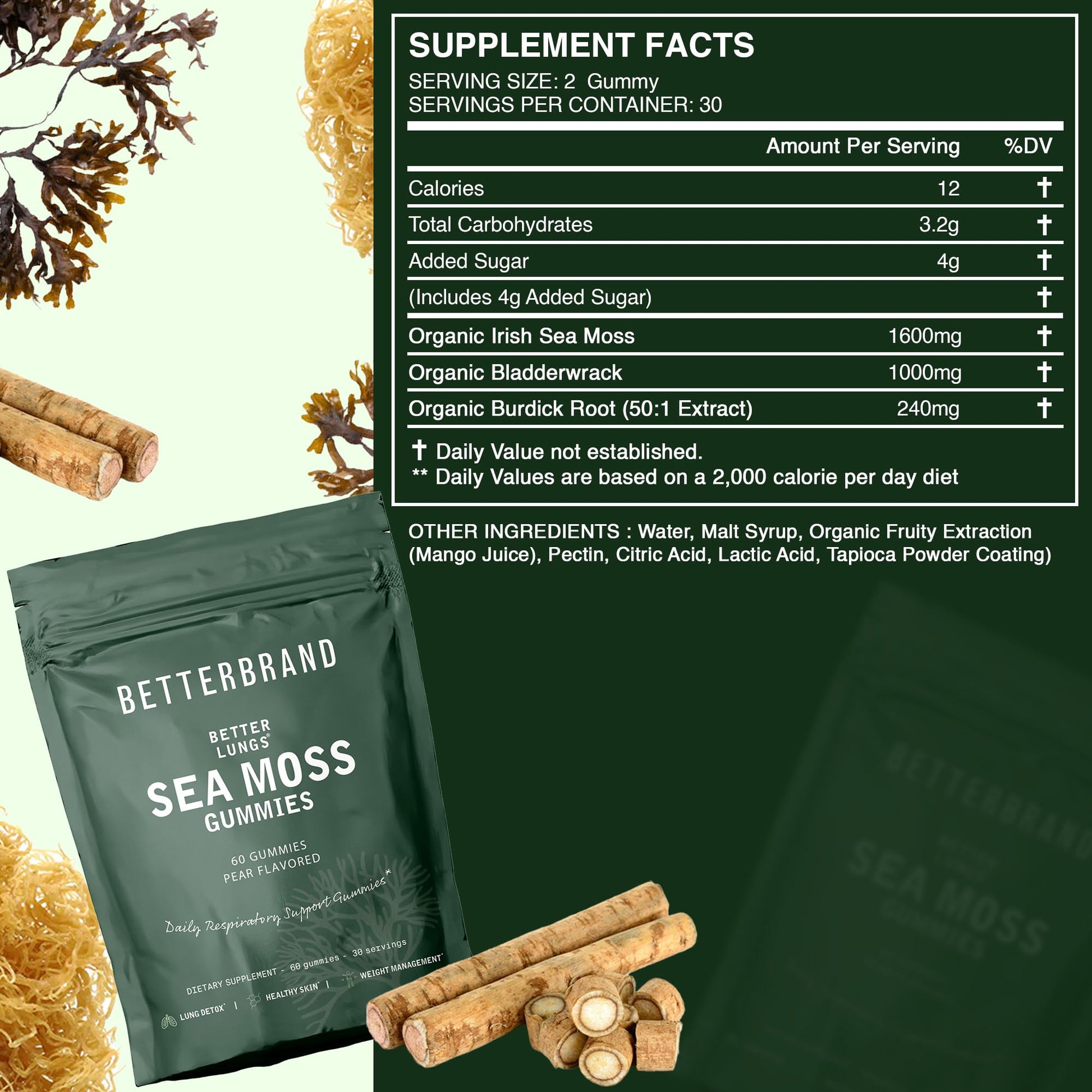 Betterbrand BetterLungs Pear Flavored Sea Moss Gummies - 1600mg Bladderwrack - AB Mystery
