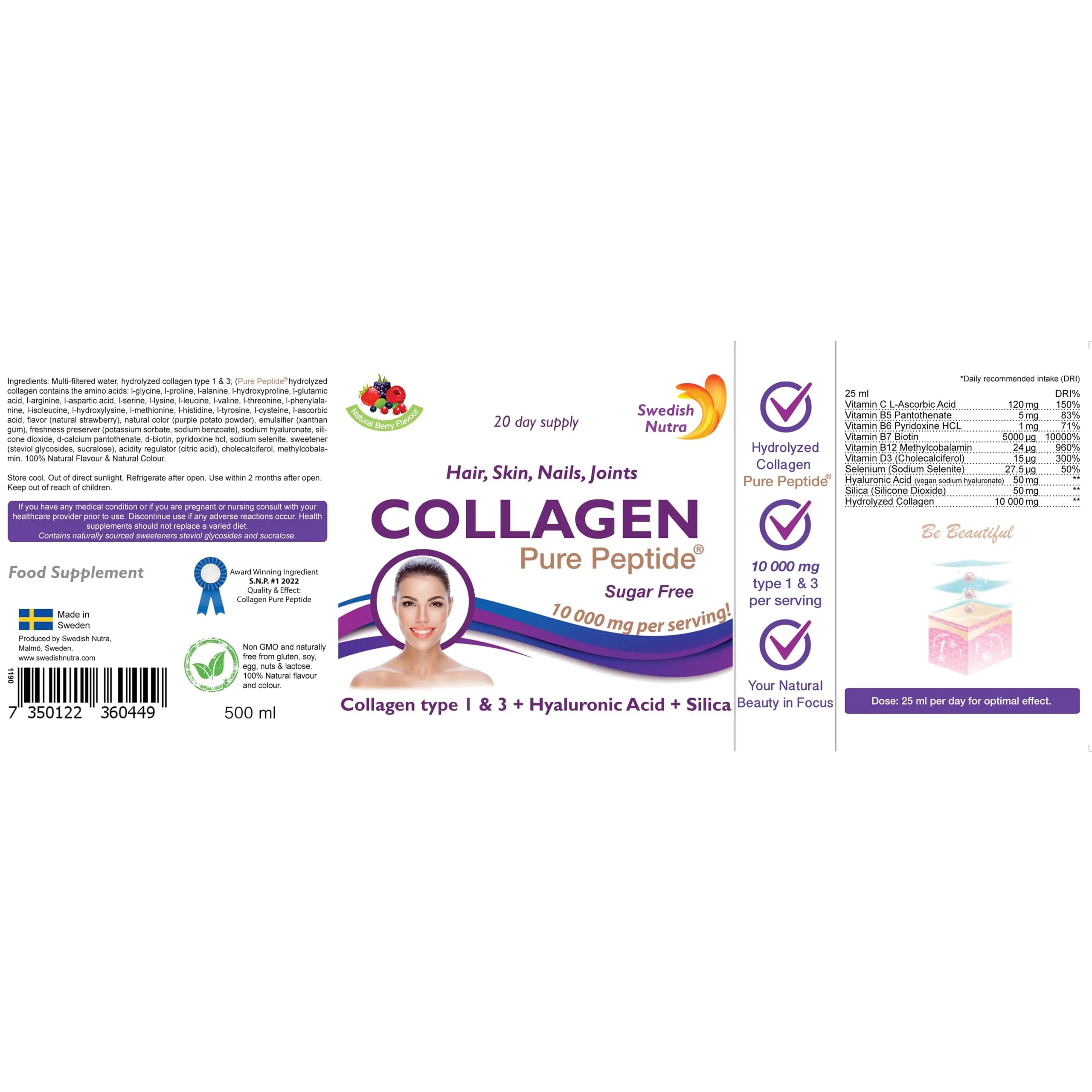 Swedish Nutra Liquid Bovine Collagen - Pack of 500ml, 20 Day Supply | Sugar Free Berry Flavour - AB Mystery