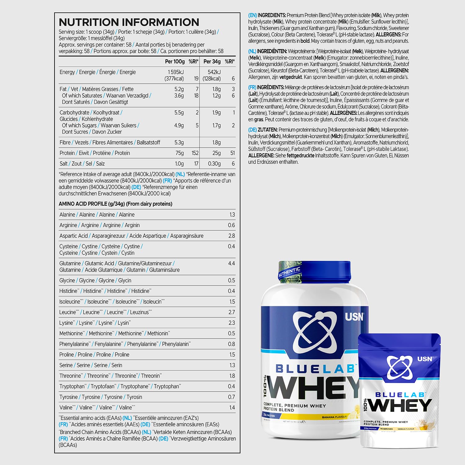 USN Blue Lab Whey Protein Powder: Banana - Whey Protein 908g - Post-Workout - AB Mystery