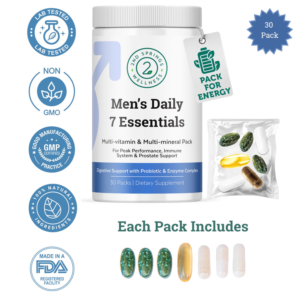 2nd Springs Daily 7 Essentials Men's Vitamin Pack - 7 Pack Adult Male Multivitamin & Multimineral Pack for Energy, Metabolism, Immune System Support - AB Mystery