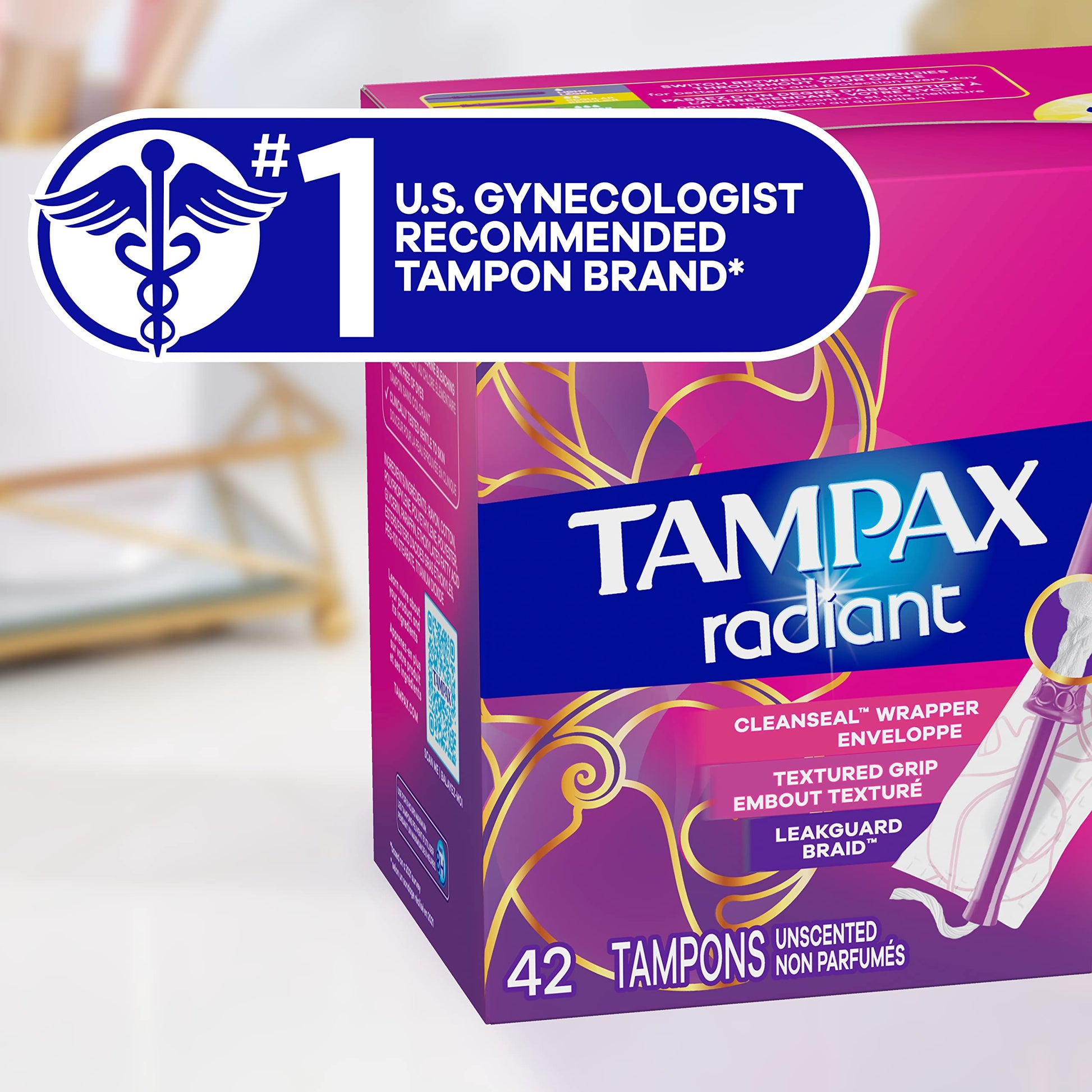 Tampax Radiant Tampons Multipack, Regular/Super Absorbency, with Leakguard Braid, Unscented, 84 Count - AB Mystery