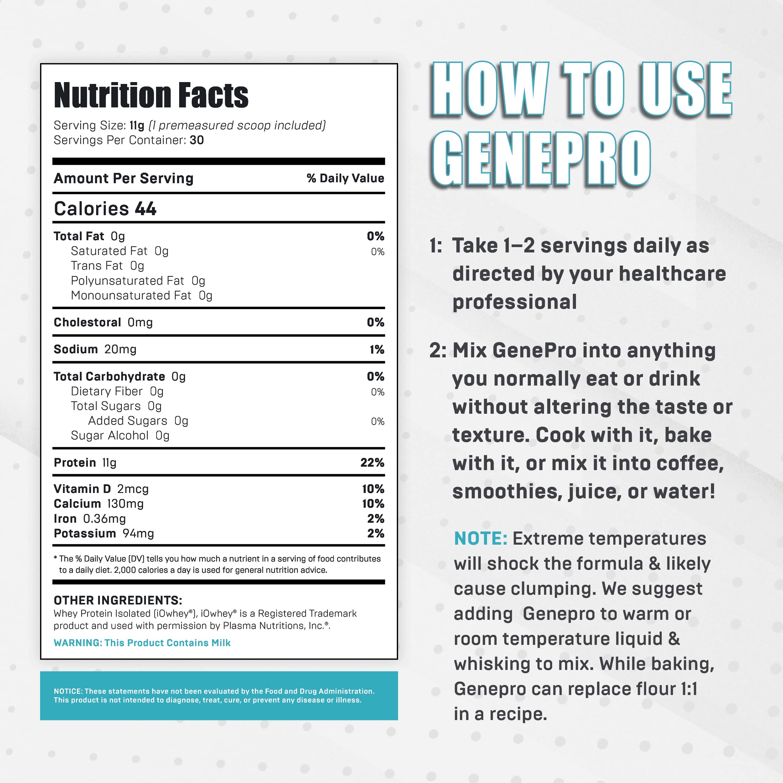 Genepro Unflavored Protein Powder - New Formula - Lactose-Free, Gluten-Free, & Non - AB Mystery