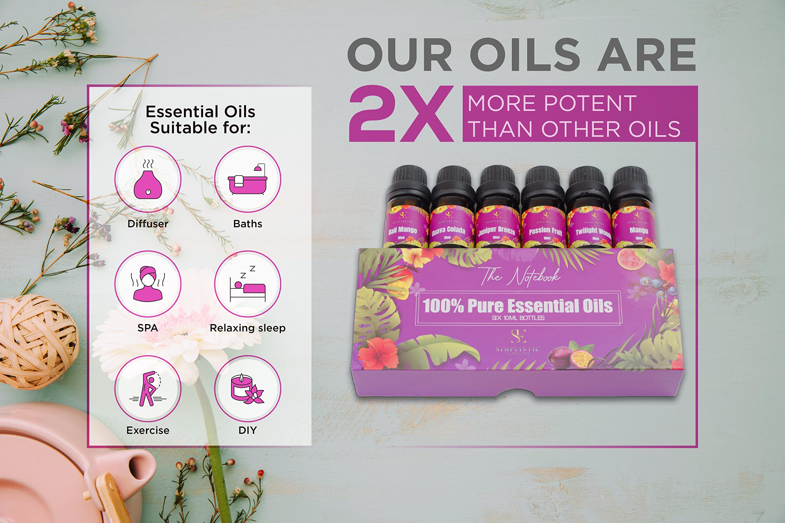 Simplistic Elegance Essential Oils Set - Top 6 Natural Aromatherapy Oils for Diffusers Humidifier Massage - AB Mystery