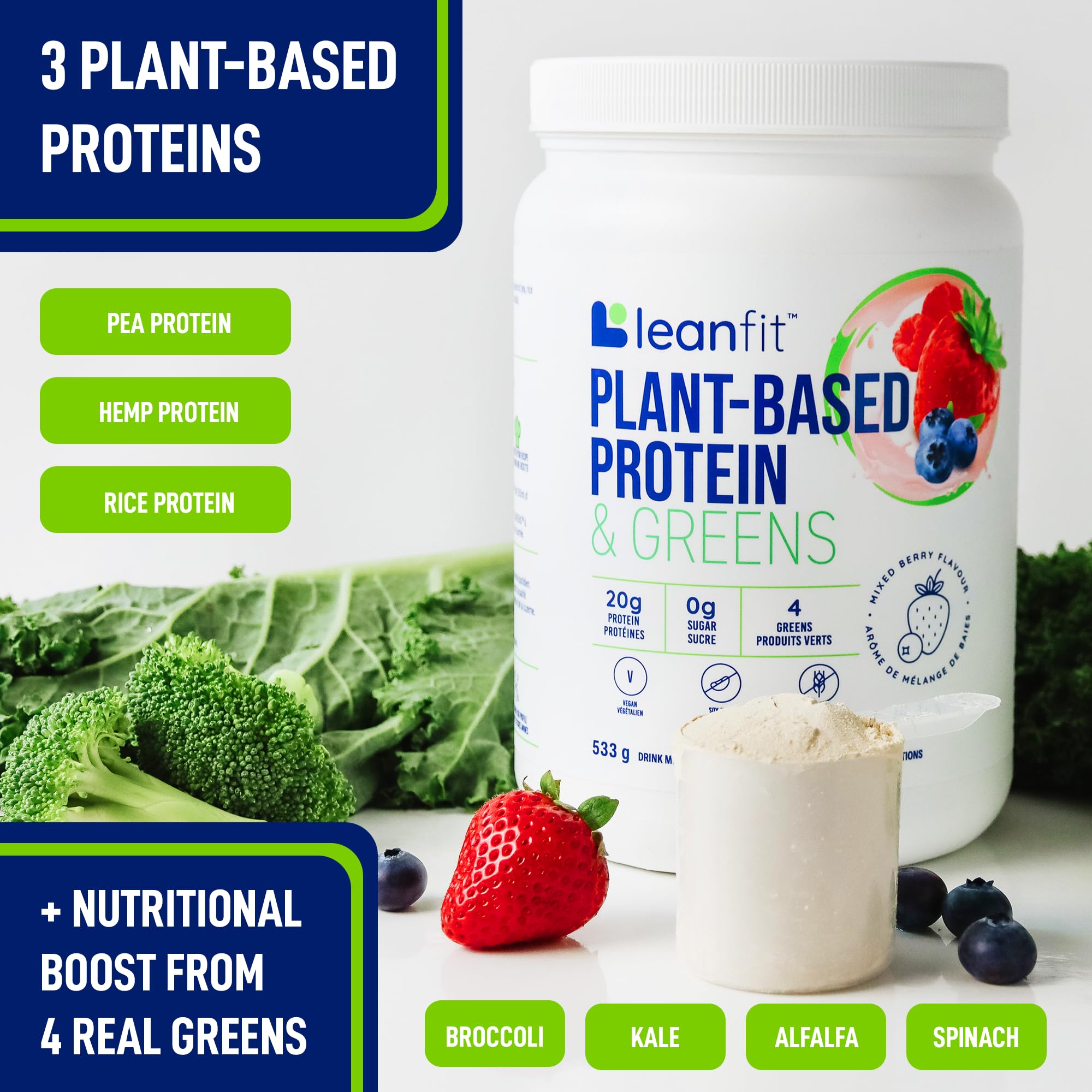 LeanFit Plant-Based Protein & Greens, Natural Berry, 20g Protein, 19 Servings, 1.25 Pound - AB Mystery