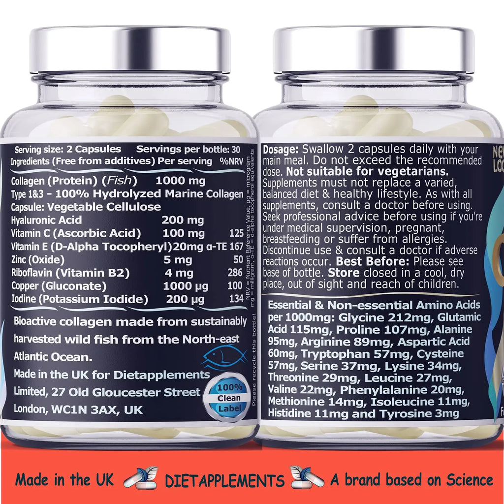 Marine Collagen Type 1&3 1000mg, Hyaluronic Acid 200mg/serving; Vitamin C, Zinc, Copper for Immune System Dietapplements