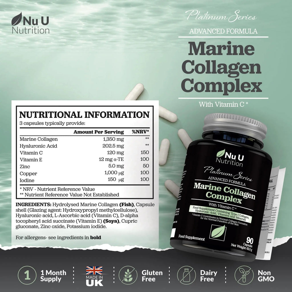 Marine Collagen with Hyaluronic Acid, Vitamin C - 90 Hydrolysed Capsules (not Tablets) - Premium High Strength Collagen - AB Mystery