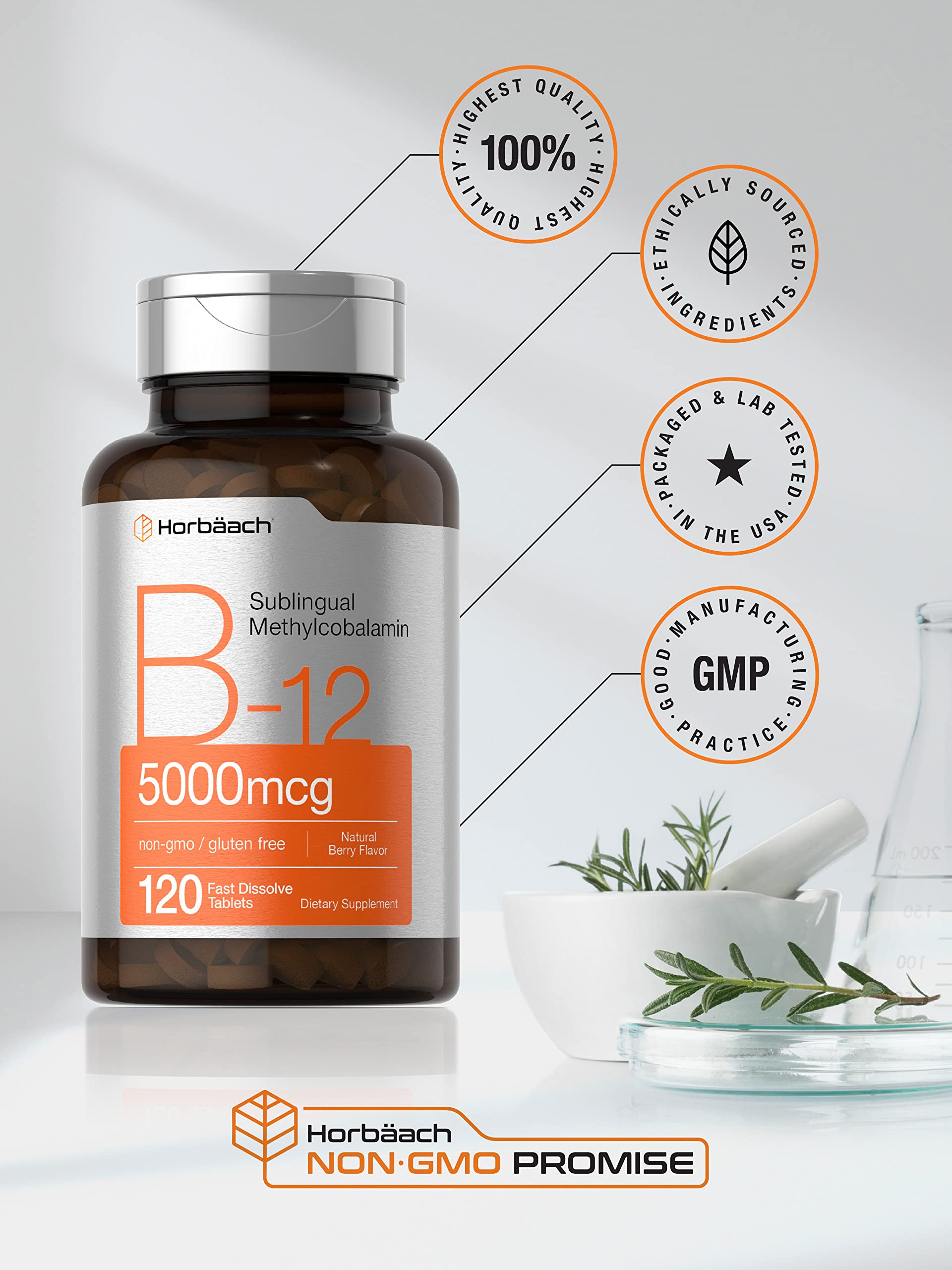 Horbäach B12 Sublingual Methylcobalamin | 5000mcg | 120 Fast Dissolve Tablets - AB Mystery