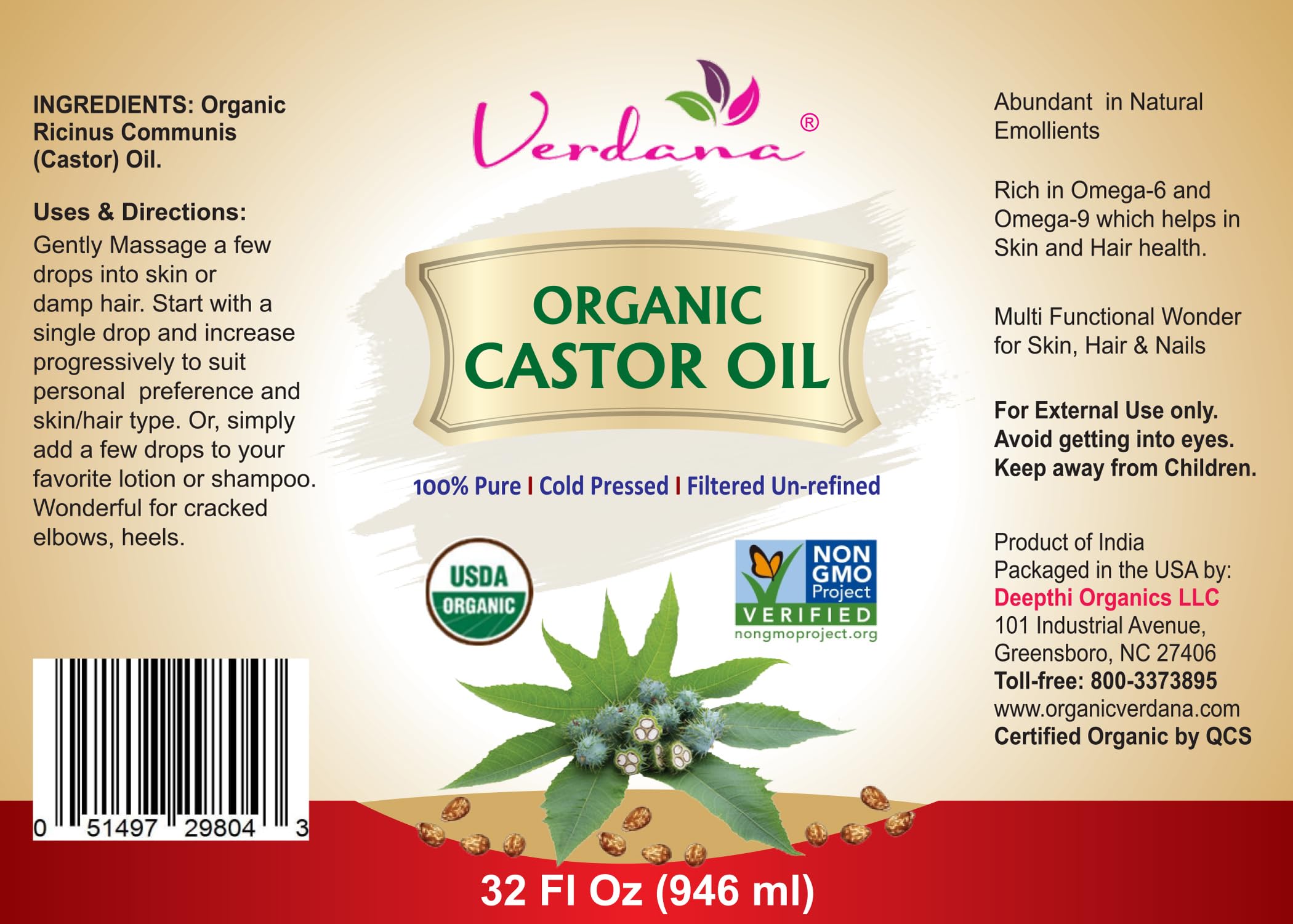 Verdana Organic Castor Oil – USDA Certified Organic – Cold Pressed, Unrefined, 100% Pure and Hexane - AB Mystery